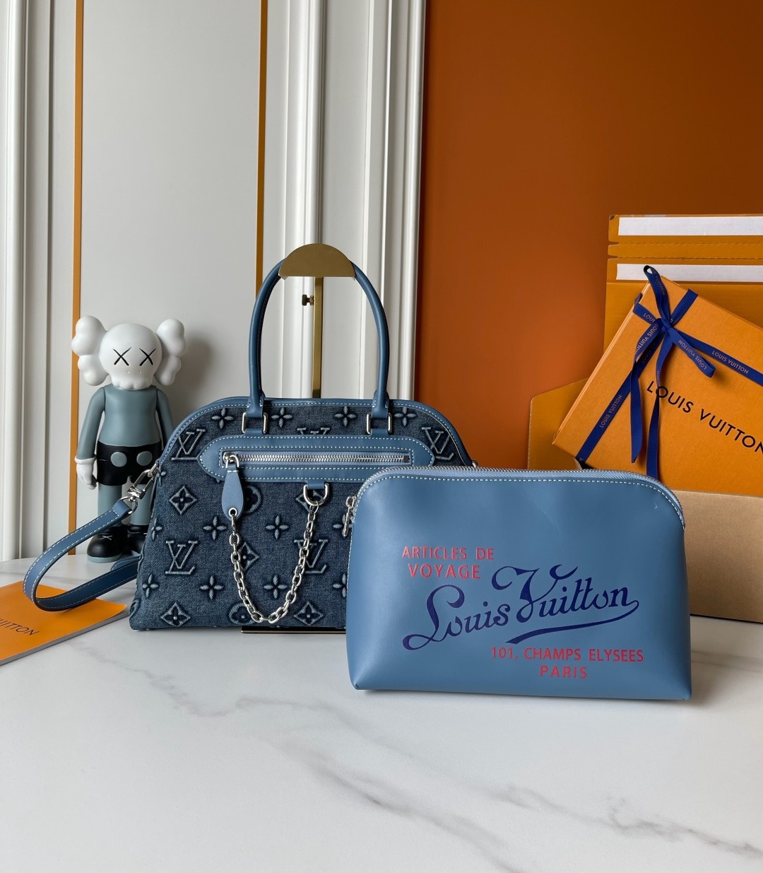 Louis Vuitton LV PM Montorgueil Ever More Embossed Monogram Blue Denim Dome Top Handle Bag With Pouch - KAIROO