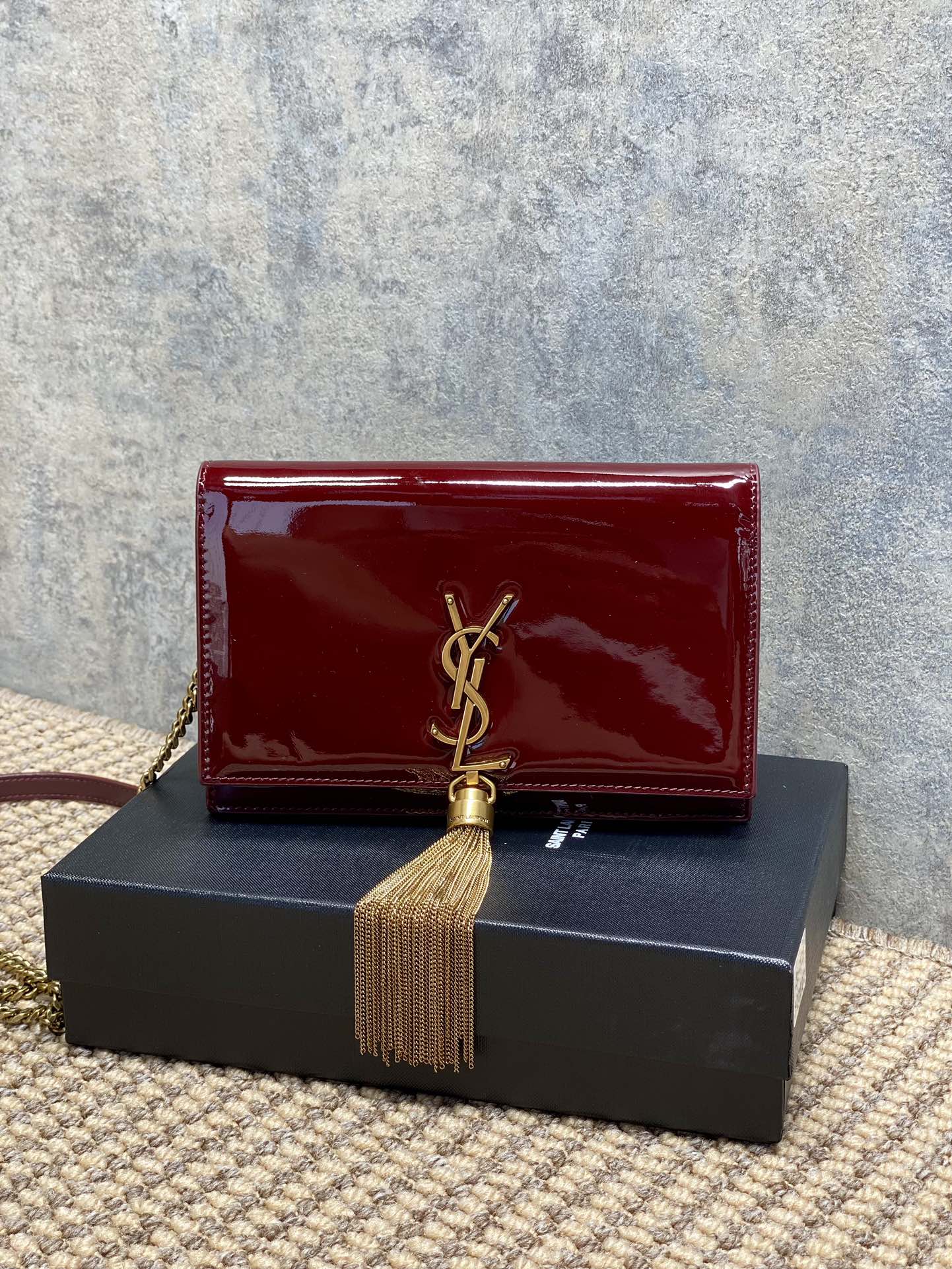 Saint Laurent Rectangular Bordeaux Patent Leather Chain Shoulder Bag with Gold Tassel - KAIROO