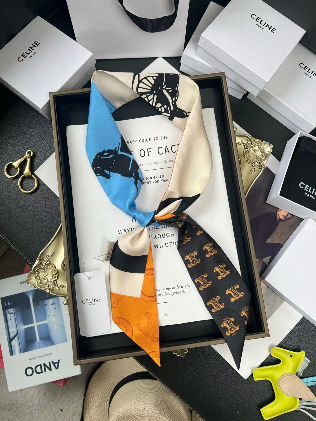 Celine Blue Orange Black Ivory Heritage Carriage Triomphe Logo Print Silk Twill Skinny Scarf - KAIROO