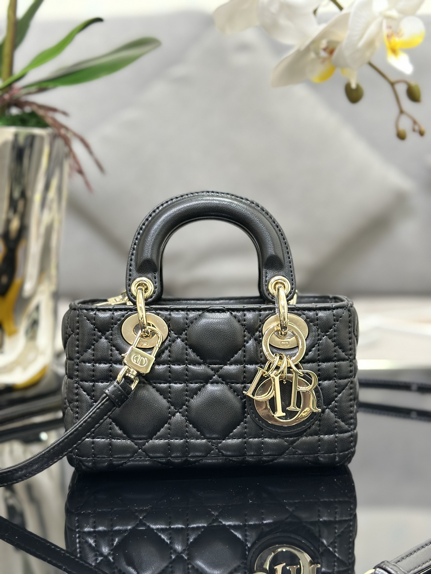 Mini Lady D-Joy Bag in Black Cannage Lambskin