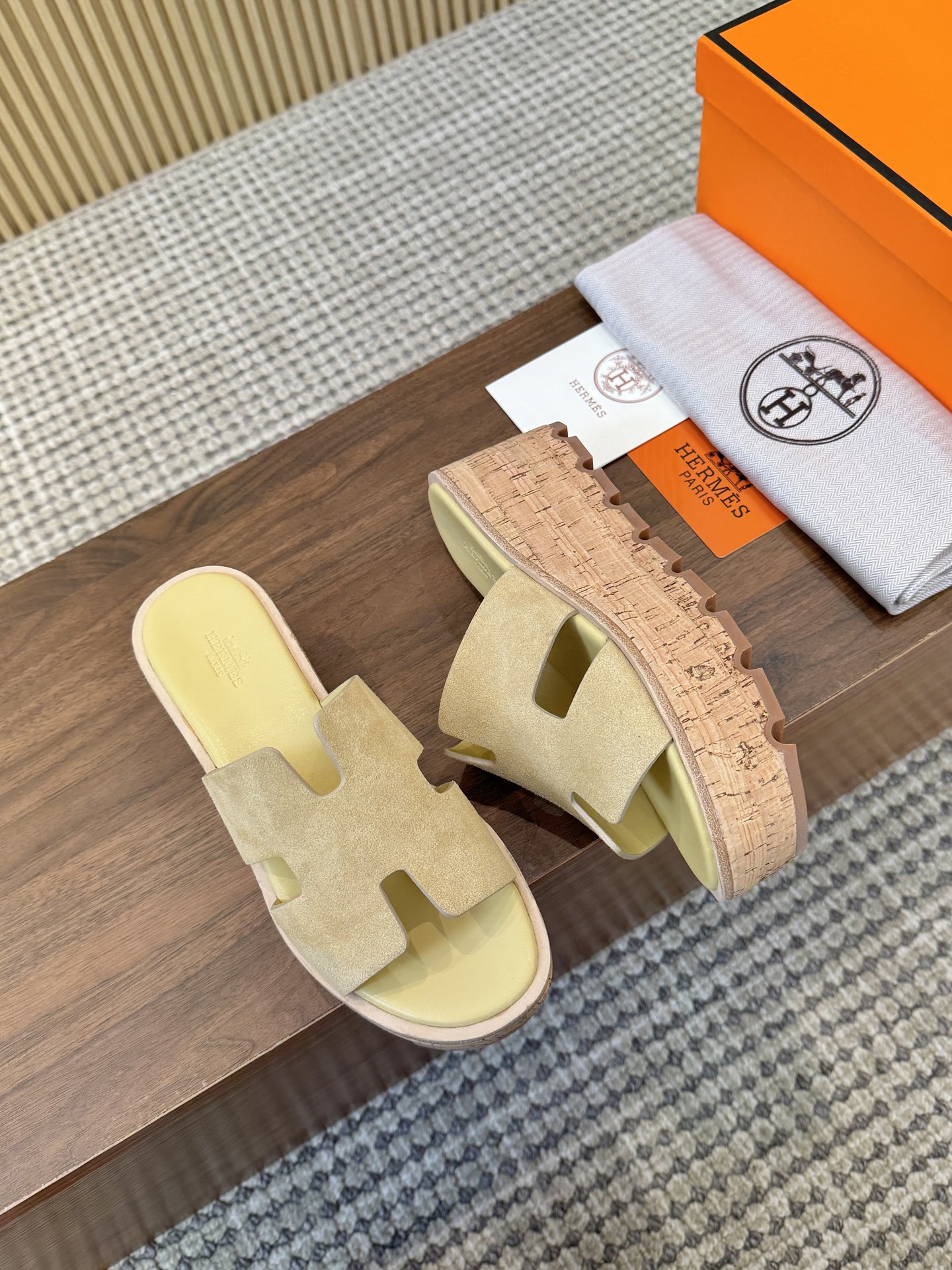 Hermes Beige Suede Leather H-Cutout Cork Sole Slide Sandal - KAIROO