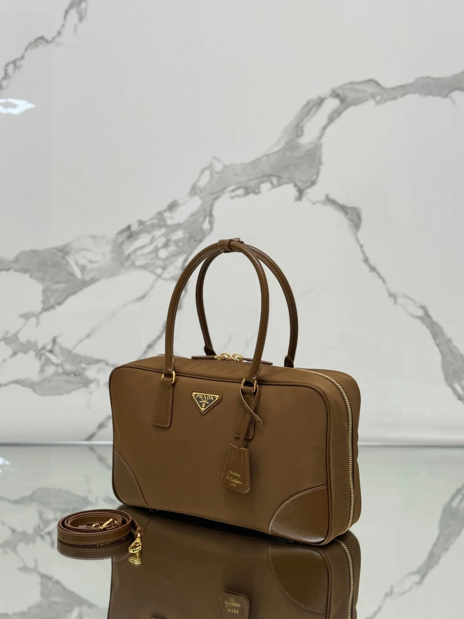 Prada LARGE TOP HANDLE BAG 35 IN CHERRY WOOD NYLON AND CALFSKIN TRIM