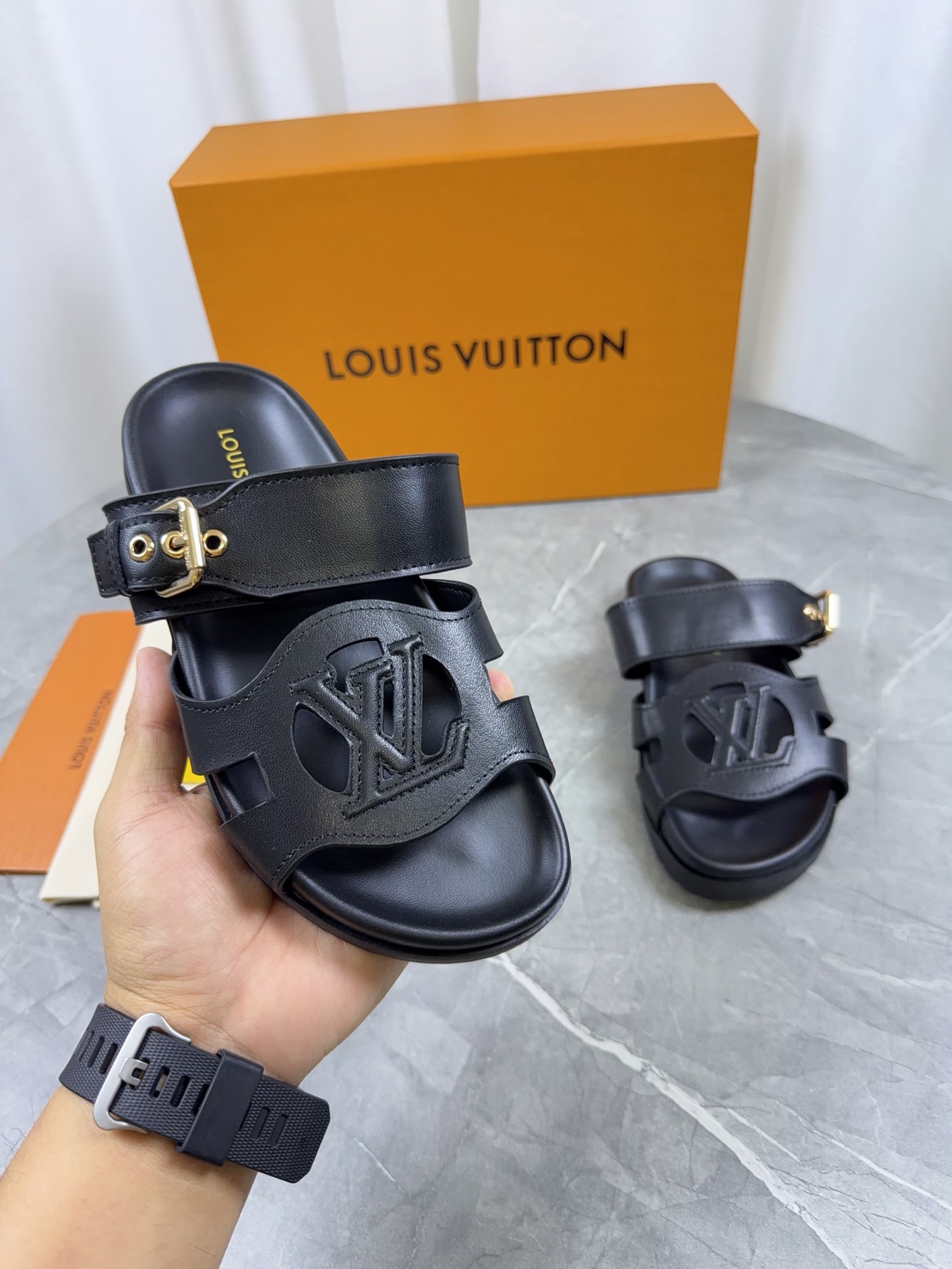 Louis Vuitton LV Isola Cut Out Circle Logo Suede & Leather Buckle Double Strap Slide Sandals - KAIROO