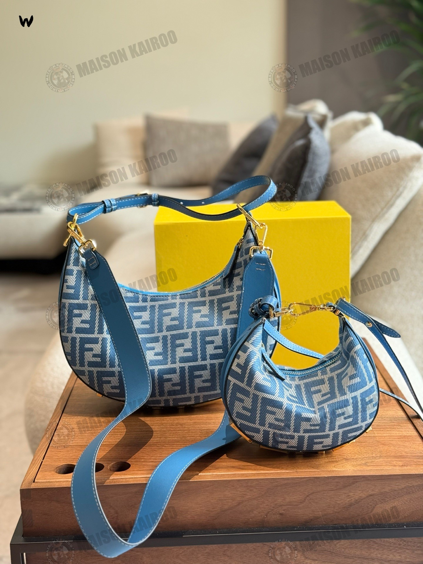 Fendi Fendigraphy FF Mini/Small Sky Blue Jacquard Crescent Hobo Bottom Gold Lettering Logo Shoulder Bag - KAIROO