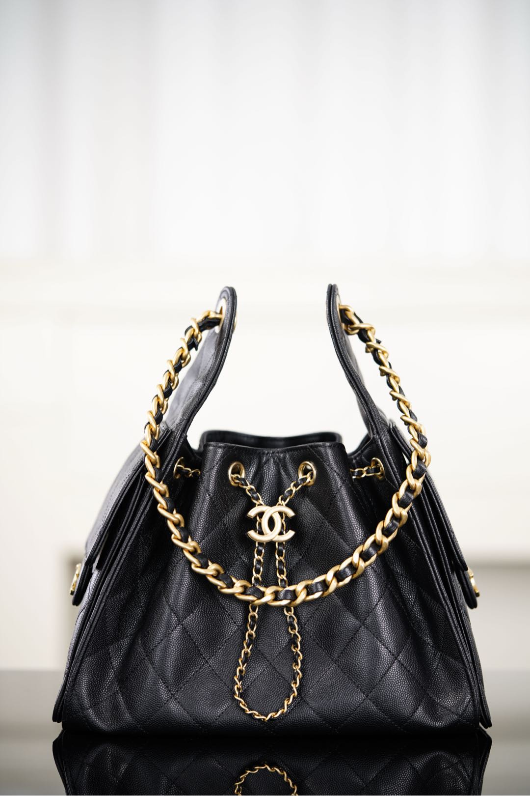 【15A】Chanel 25 Medium 30CM Quilted Caviar & Shiny Leather Drawstring Lazy Bucket Hobo Tote Bag - KAIROO
