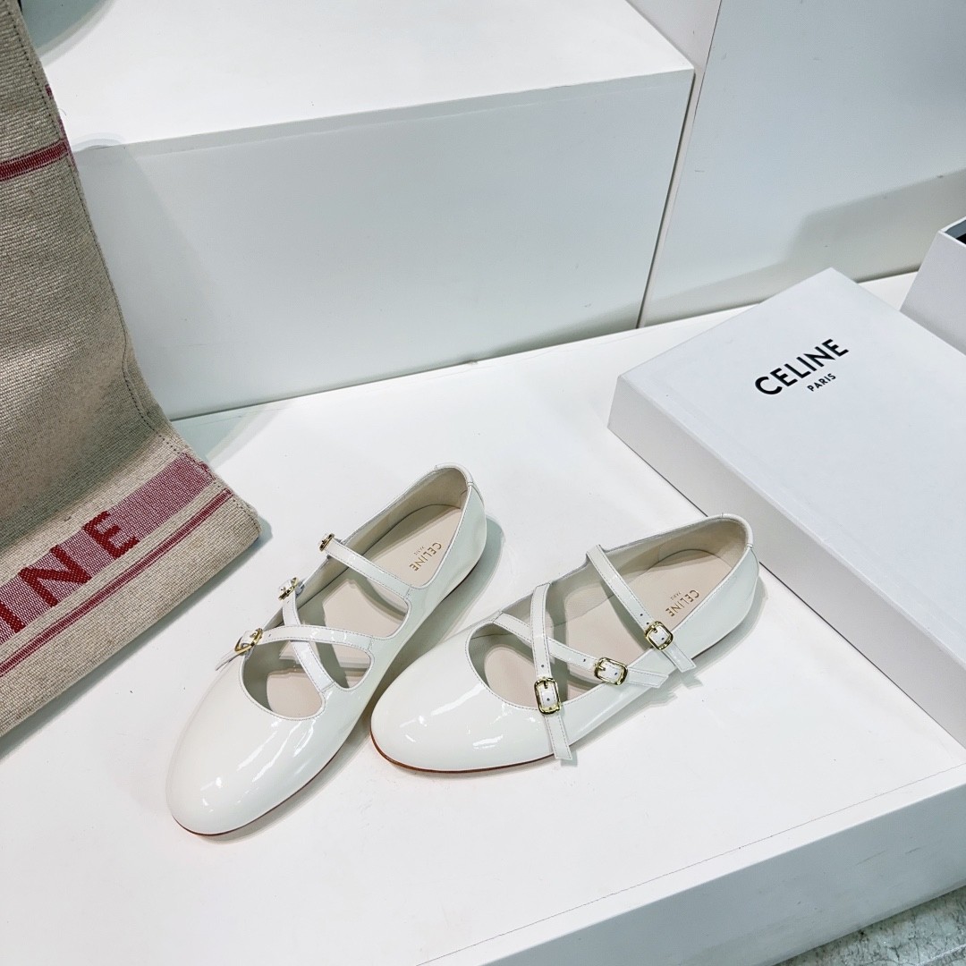 Celine Patent Leather Triomphe Engraved Buckle Criss-Cross Strap Round Toe Mary Jane Flats - KAIROO
