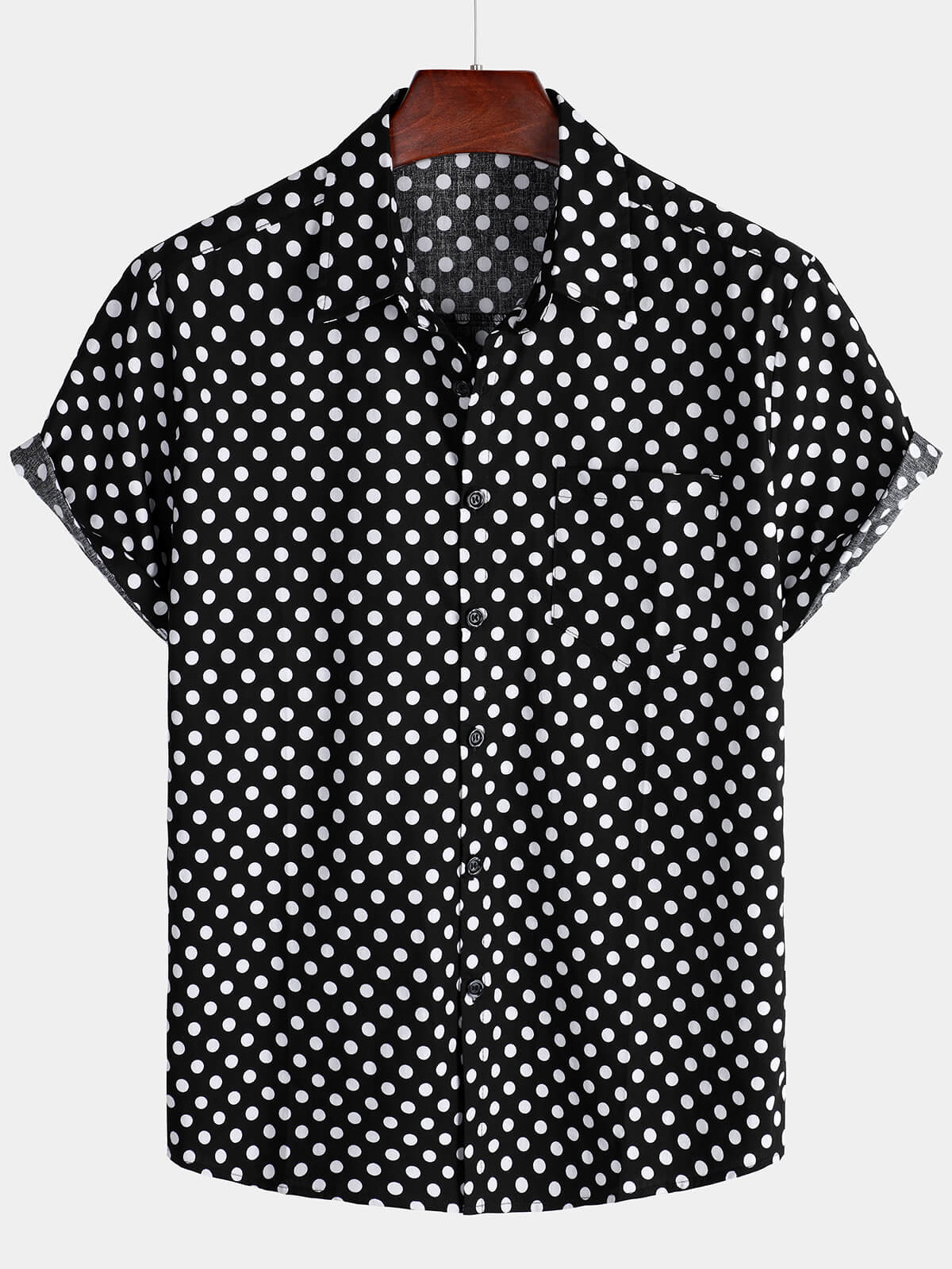Men's Black Polka Dot Cotton Casual Pocket Summer Short Sleeve Shirt