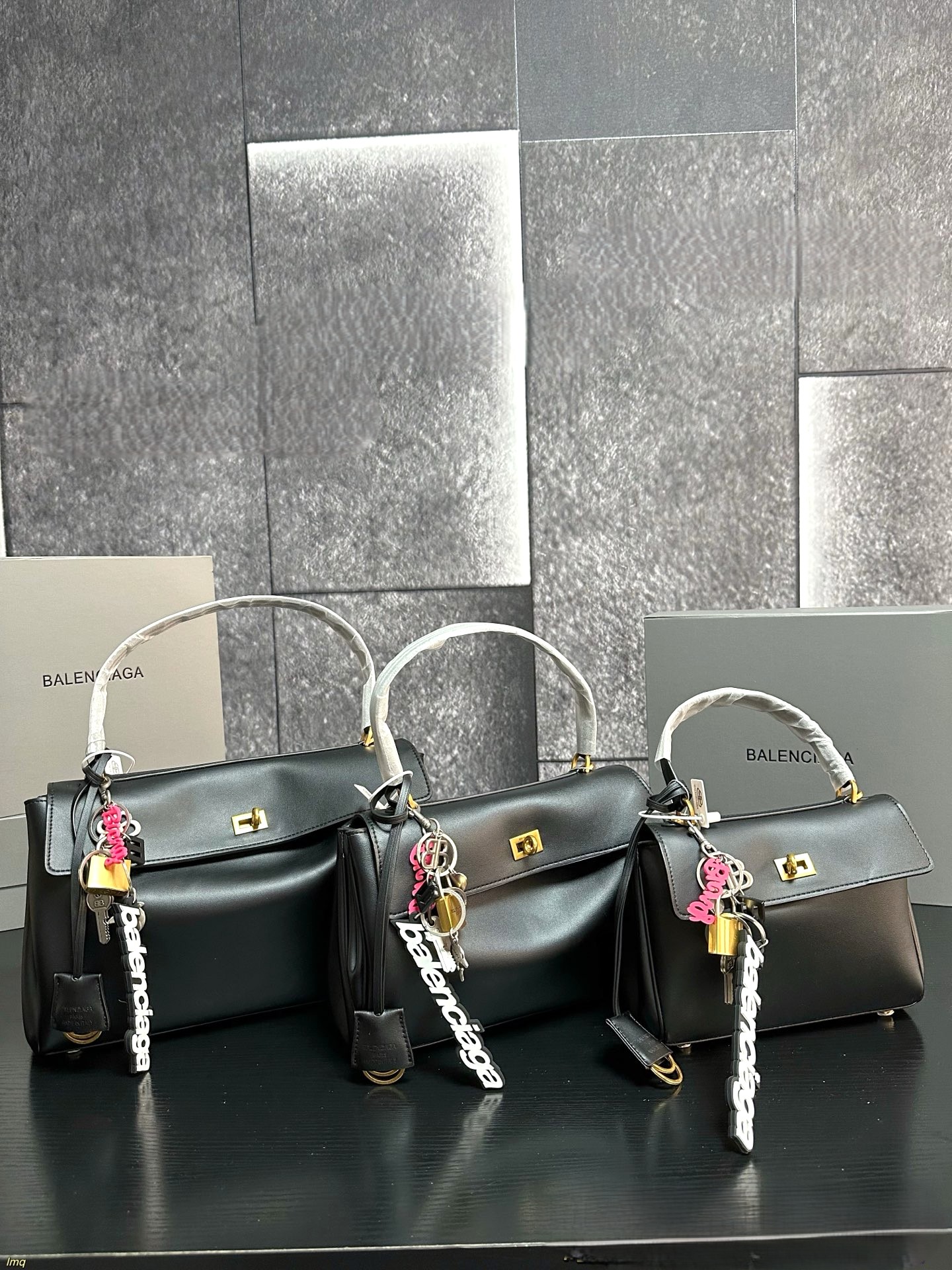 Balenciaga Rodeo Black Slouchy Kelly Smooth Leather Turn Lock Tote Top Handle Bags With Charms - KAIROO