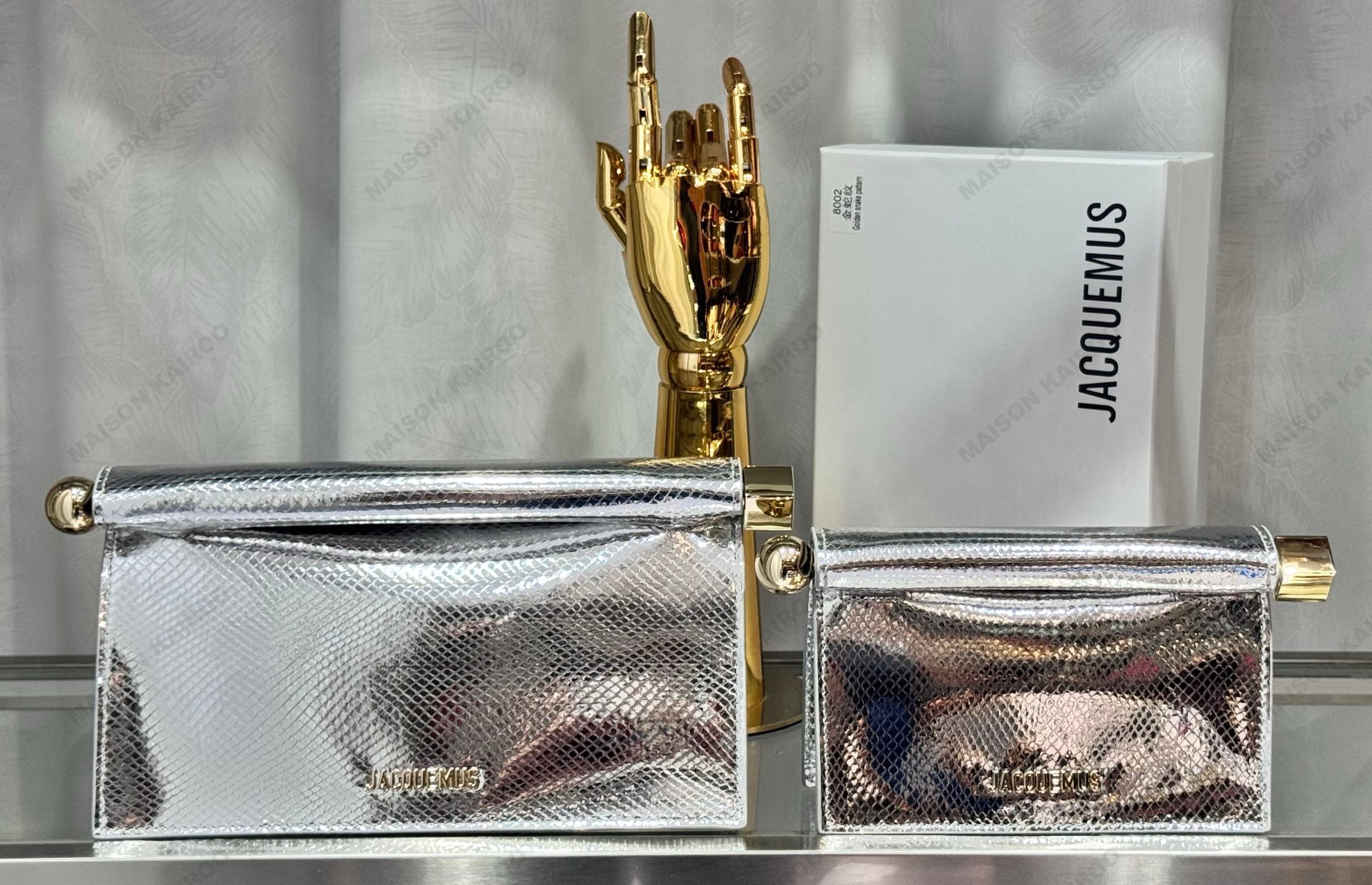【10A】Jacquemus La Pochette Rond Carré Silver&Gold Snake Embossed Leather Takeout Clutch Shoulder Bag - KAIROO