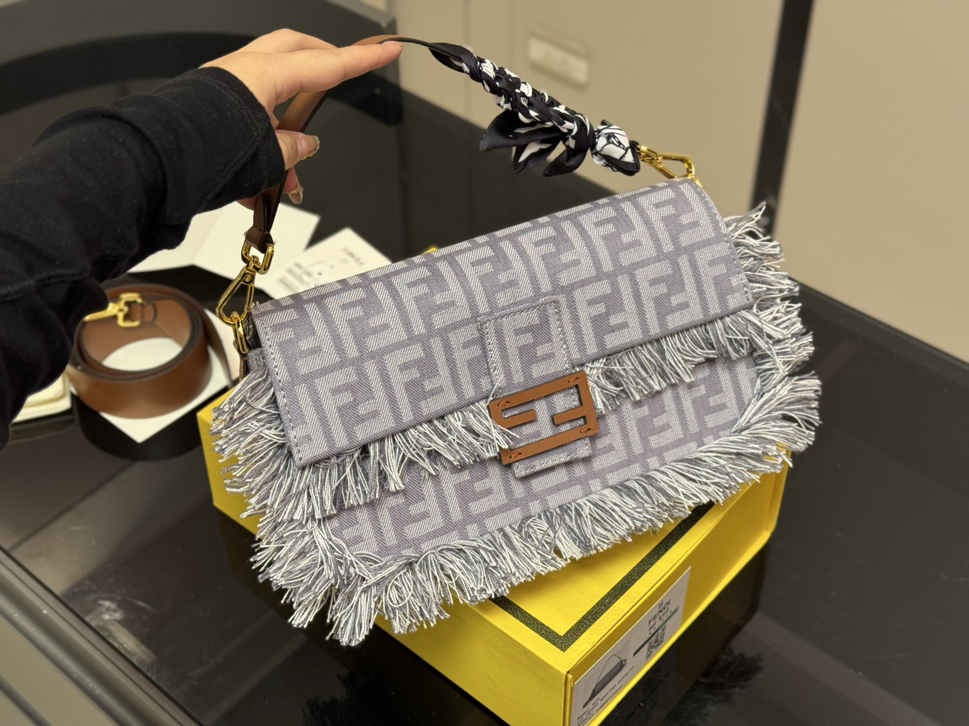 Fendi Grey Rectangular FF Monogram Jacquard Fringe Canvas Shoulder Bag - KAIROO