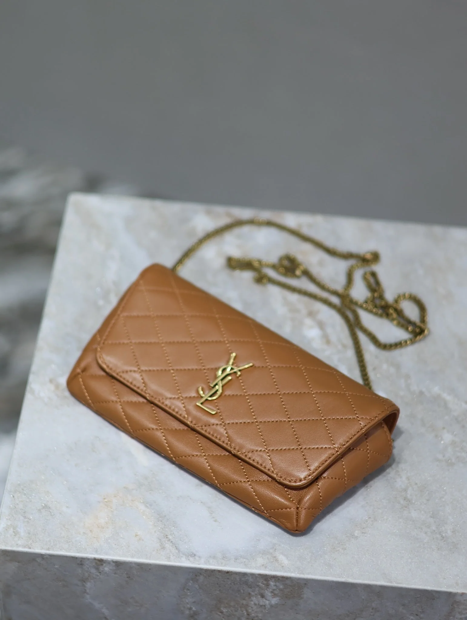 Saint Laurent YSL Gaby Phone Bag 19cm Light Brown Quilted Leather GHW
