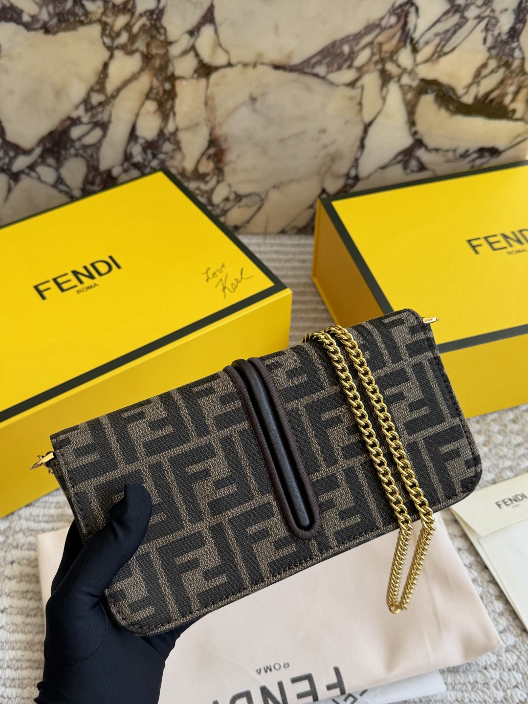 Fendi Monogram Dark Brown FF Gold Logo Wallet Chain Bag - KAIROO