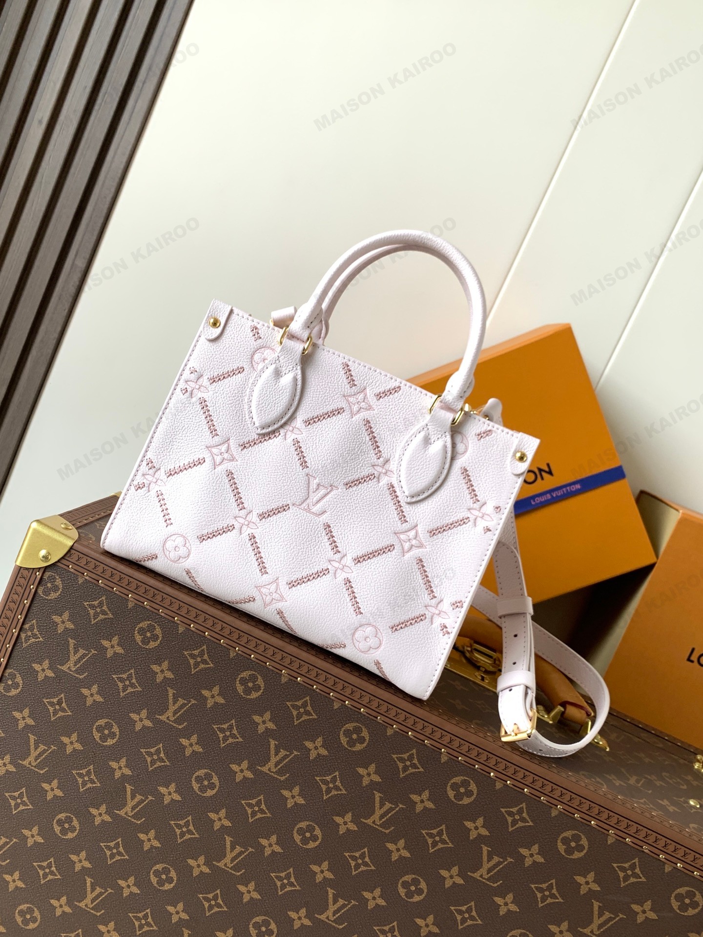 Louis Vuitton LV OnTheGo PM Pastel Light Pink Stitch Embossed Monogram Leather Top Handle Tote Bag - KAIROO