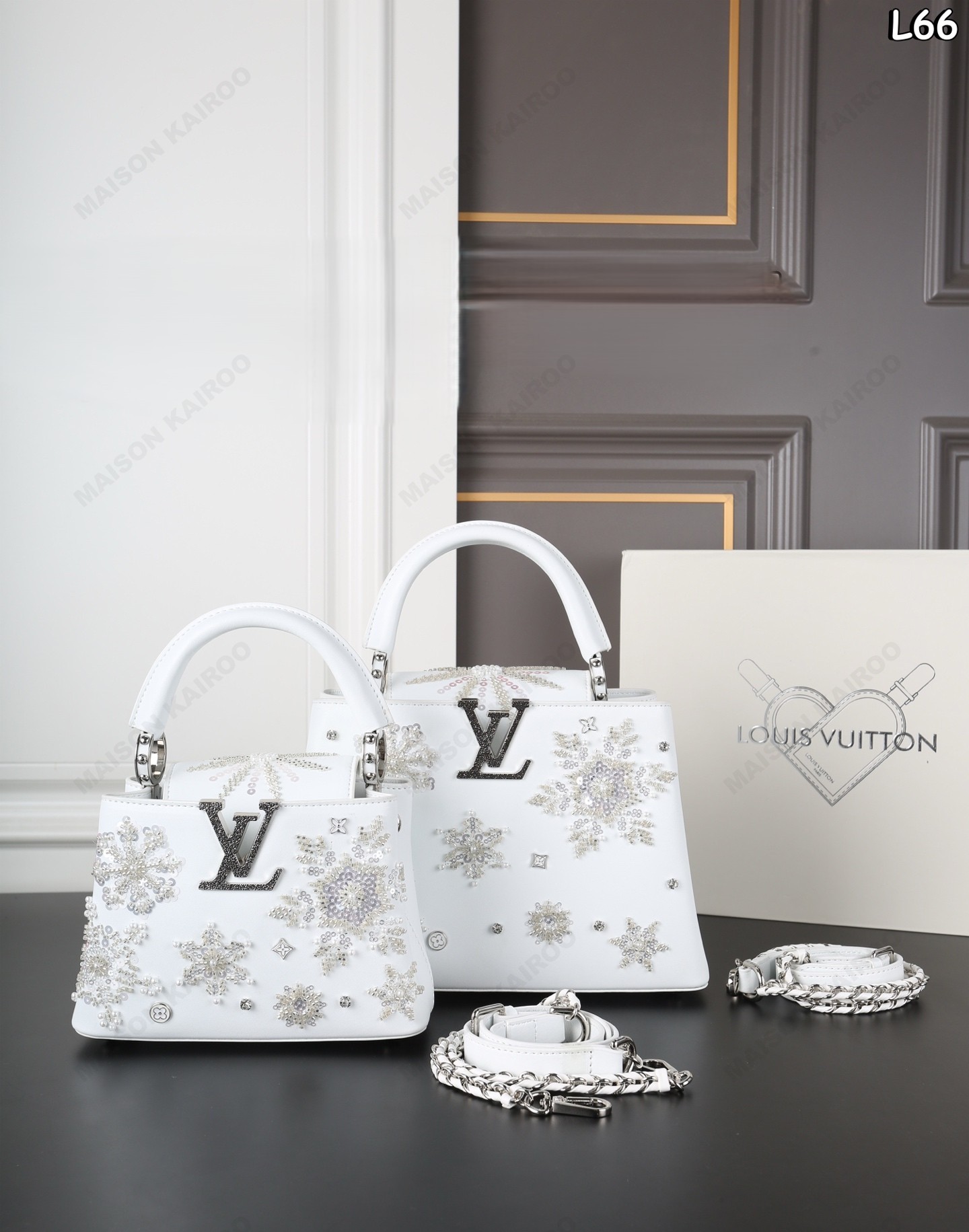 Louis Vuitton LV Capucines BB/Mini White Snowflake Beaded Embroidery Smooth Leather Top Handle Bag - KAIROO
