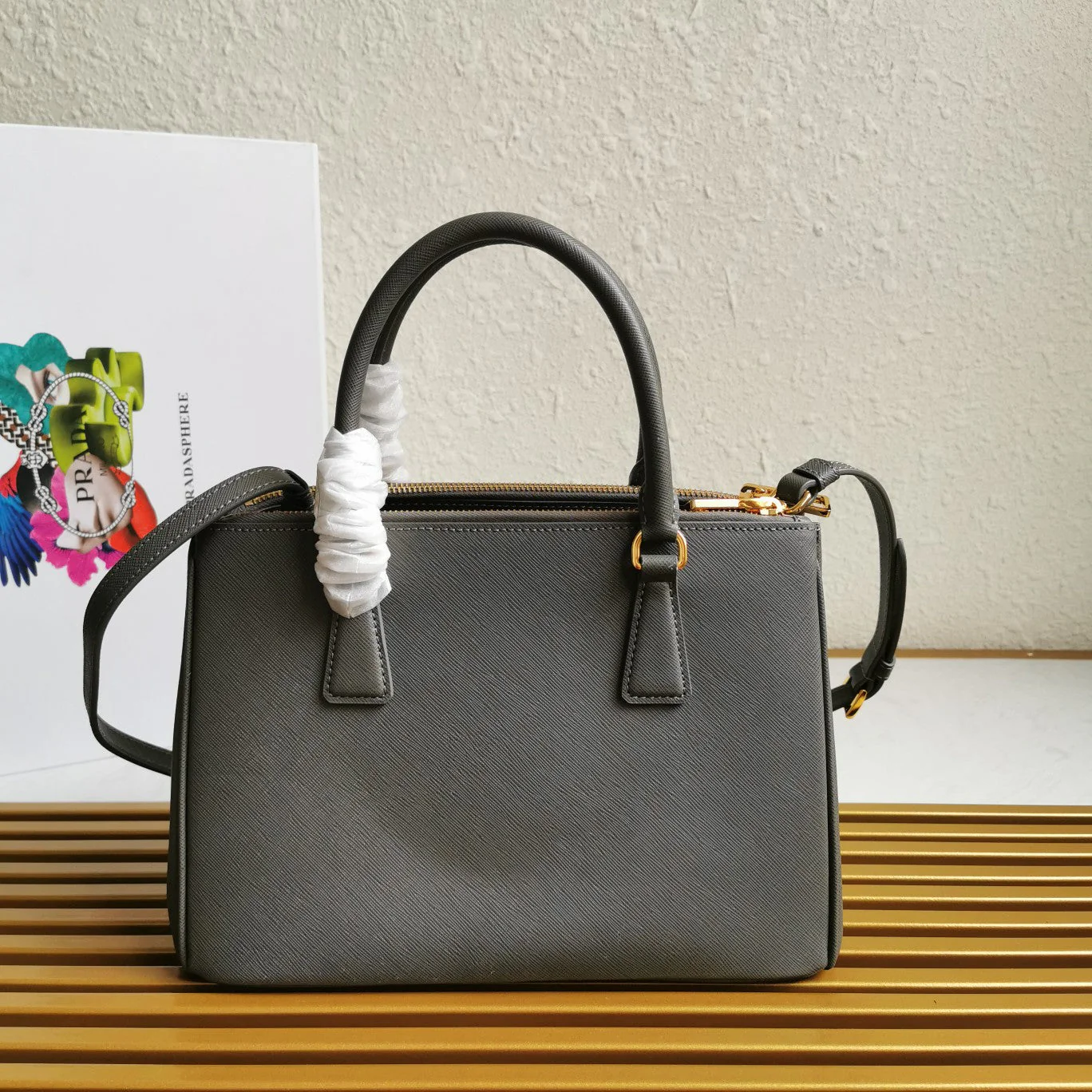 Prada GALLERIA 28 BAG IN DARK GREY SAFFIANO LEATHER