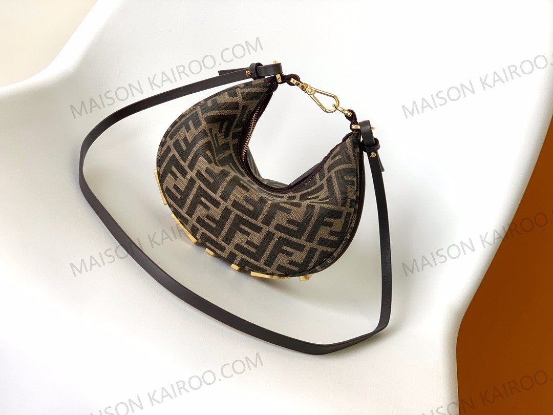 【10A】Fendi Fendigraphy FF Mini &Small Tobacco Jacquard Crescent Hobo Bottom Gold Lettering Logo Shoulder Bag - KAIROO