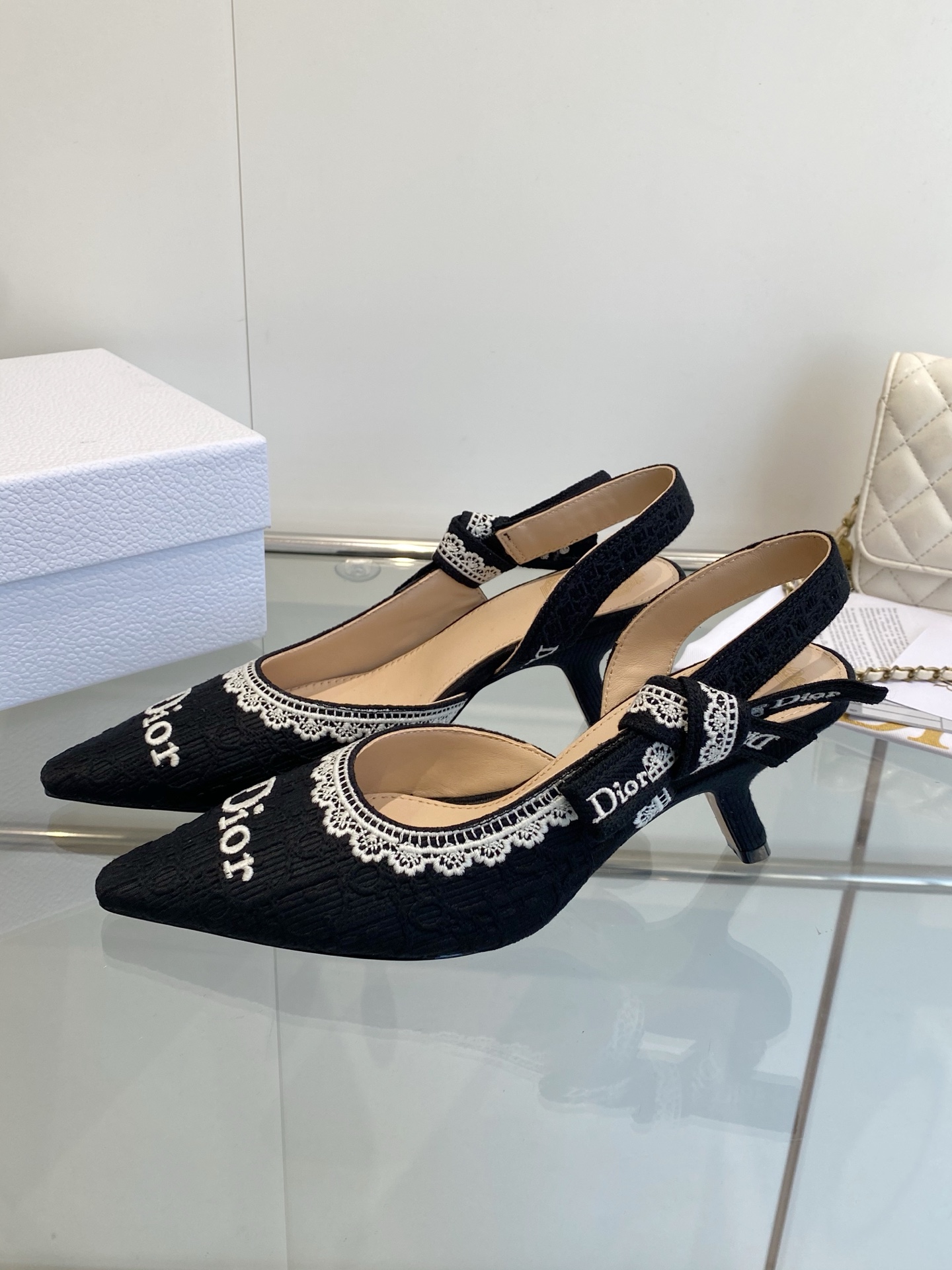 Dior J'Adior Black Oblique Jacquard Lace Ribbon Embroidered Logo Bow Lambskin Lining Slingback Heels Sandals - KAIROO