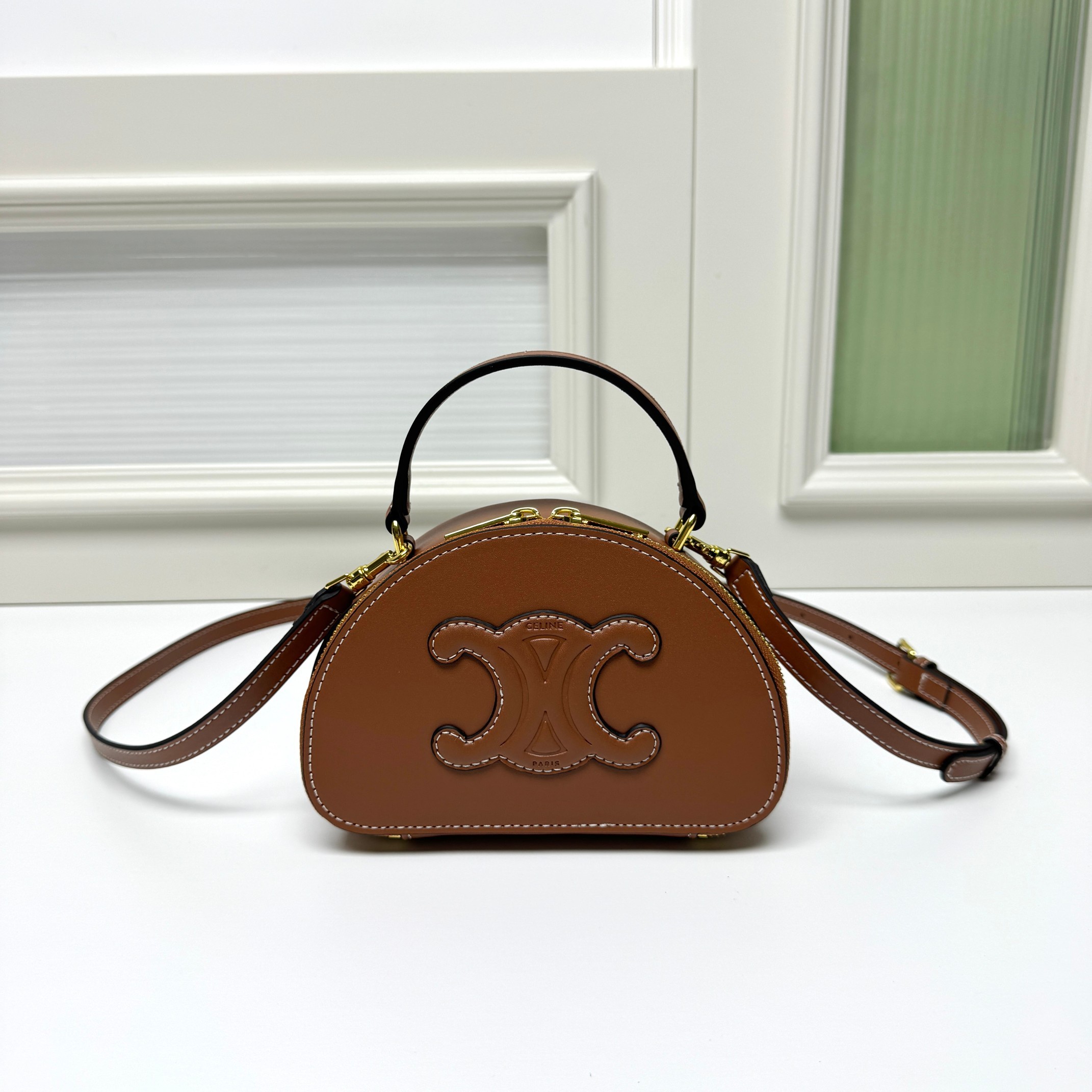 Celine Mini Triomphe Shiny Leather Logo Trim Half Moon Besace Crossbody Bag - KAIROO