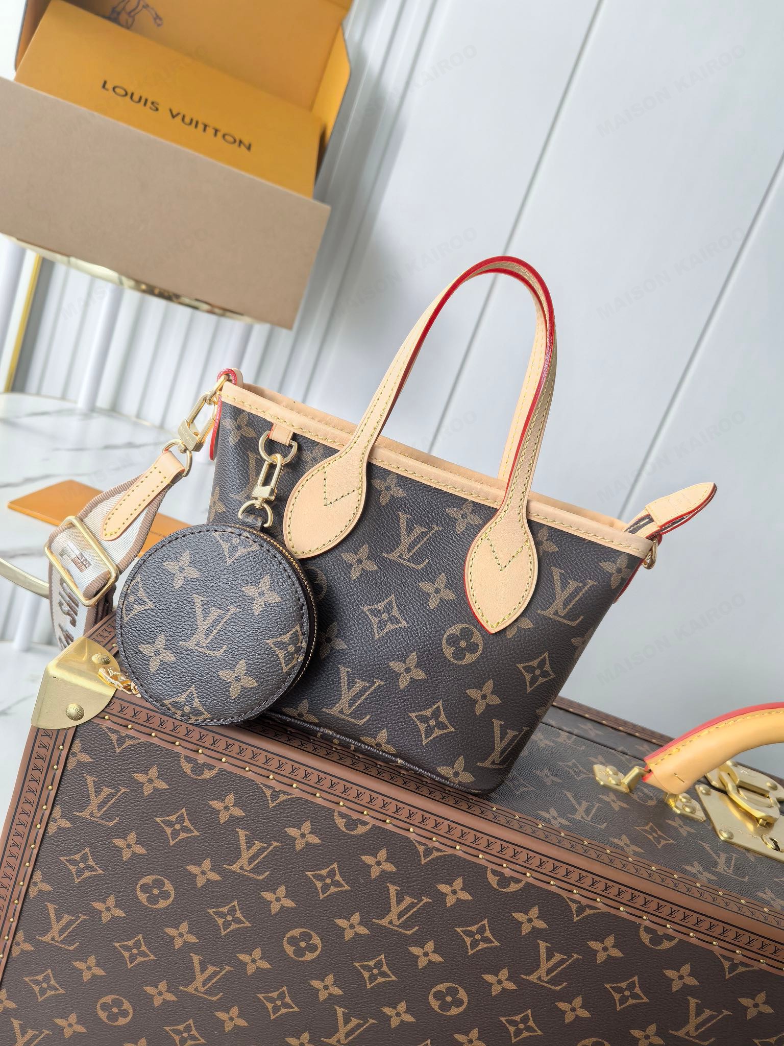 【10A】Louis Vuitton LV Neverfull BB Monogram Canvas Beige Lining Woven Strap Shoulder Tote Bag With Round Purse - KAIROO