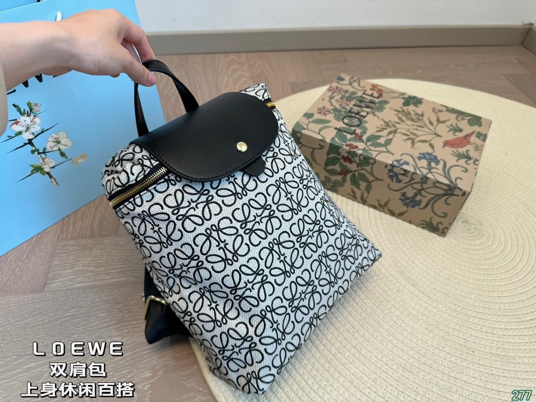 Loewe Black Anagram Jacquard Canvas with Leather Flap Drawstring Backpack - KAIROO