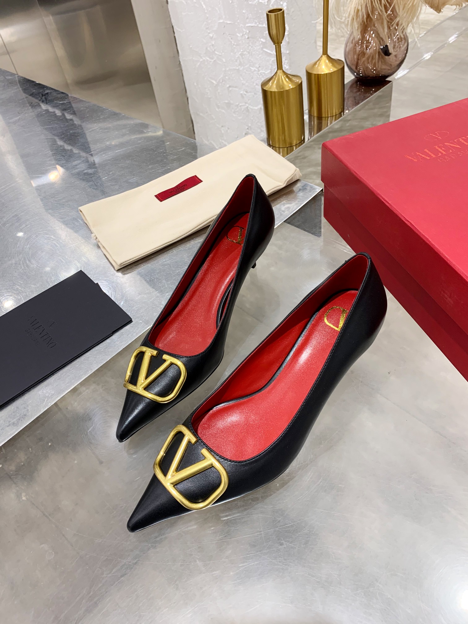Valentino Garavani Black Pointed Toe Gold VLogo Red Leather Lining Kitten Heels - KAIROO