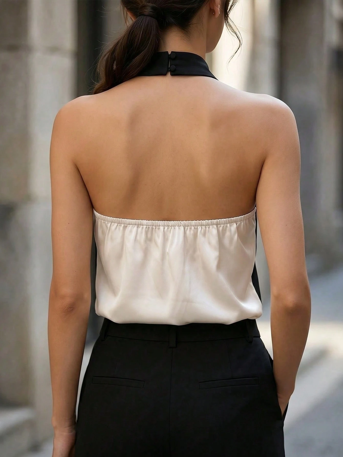 Women's Color Block Silky Satin Halter Neck Sleeveless Top