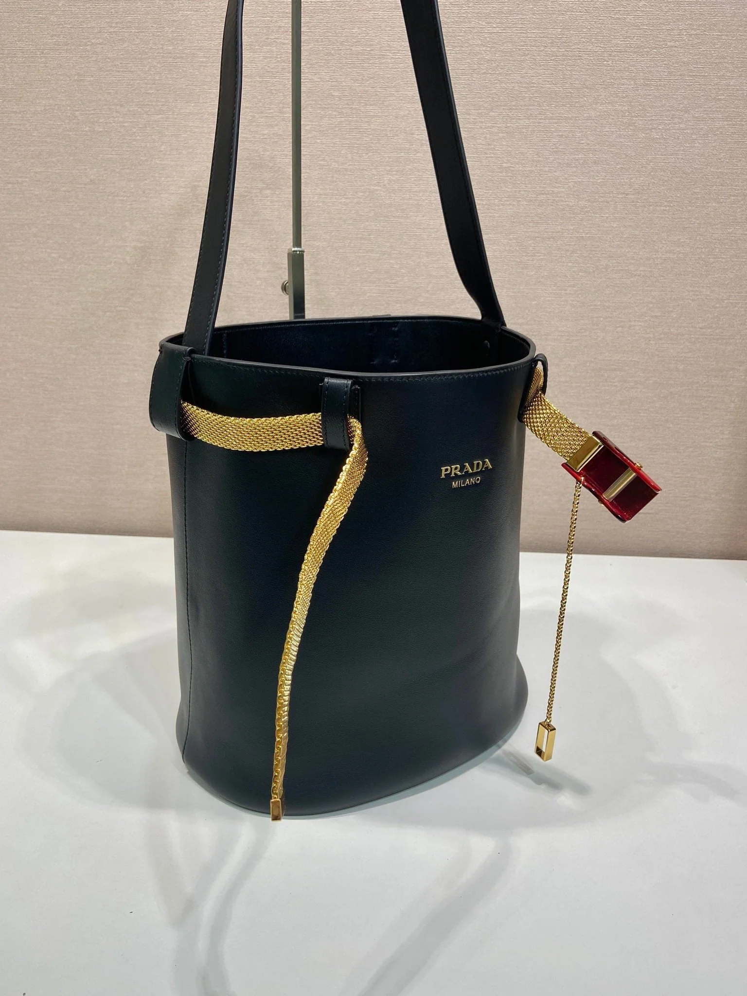 Prada PRA bucket bag iron chain black leather 341179
