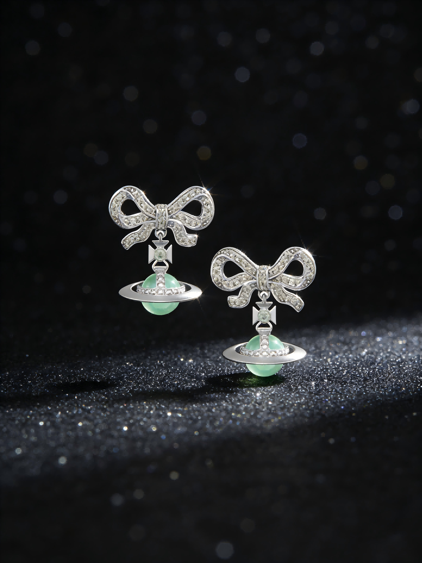 Y2K Silver Bow Saturn Drop Earrings, Sparkling Mint Green Crystal Dangle Earrings for Women