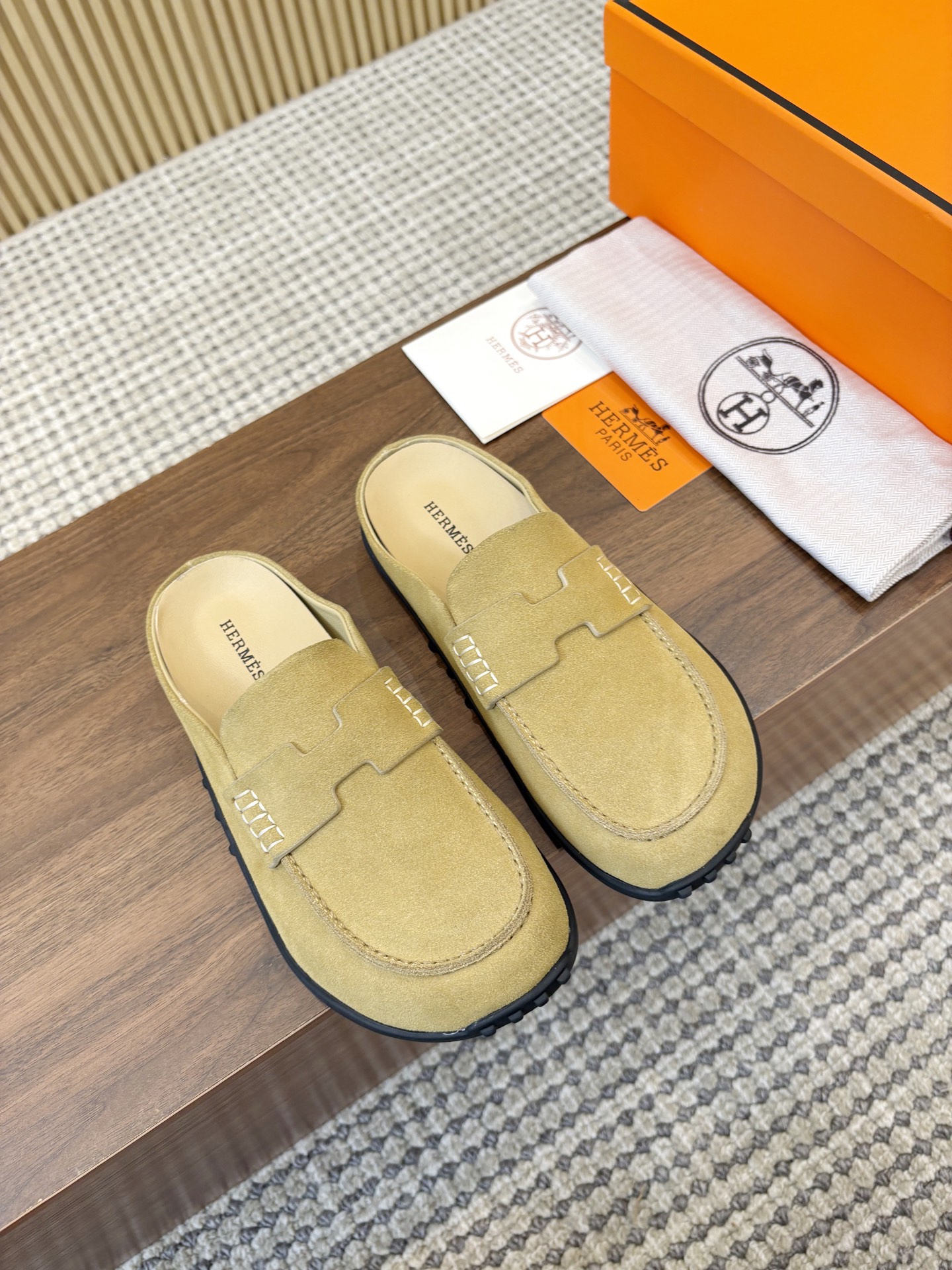 Hermès Beige Argile H Cut-Out Suede Leather Go Loafer Mules - KAIROO