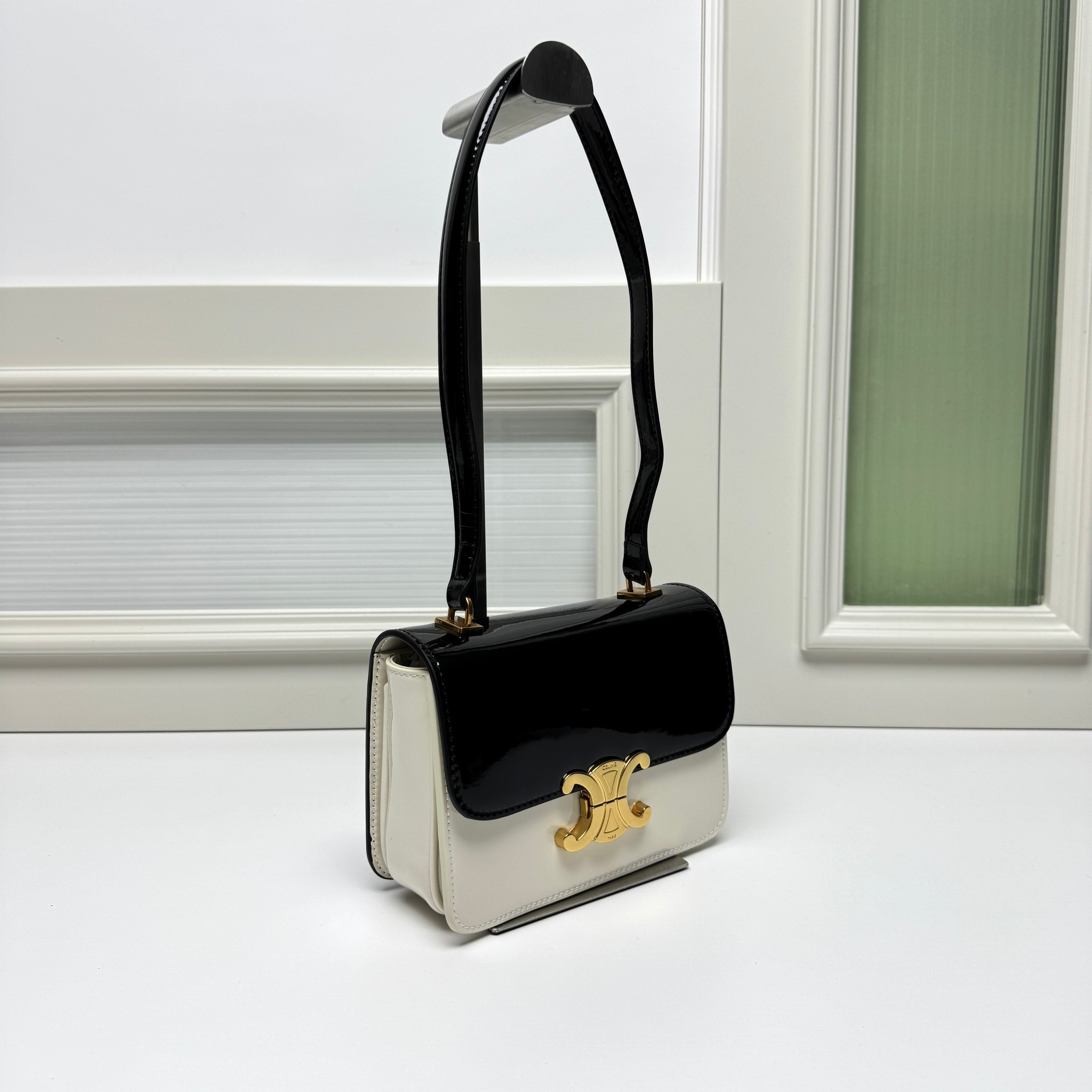 Celine Small Black Patent White Leather Bicolour Gold Tone Triomphe Hardware Shoulder Bag - KAIROO