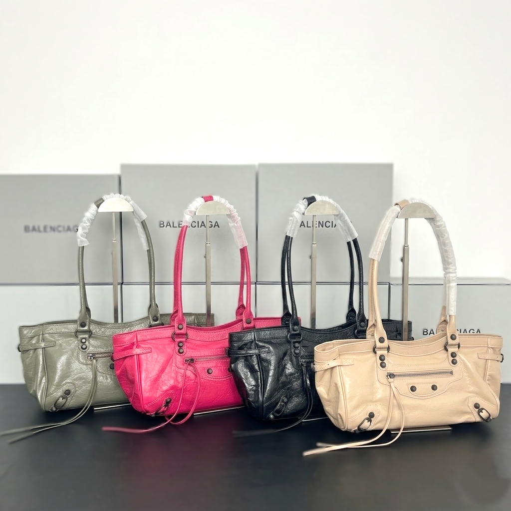 Balenciaga Le City Large Horizontal Soft Crinkled Leather Studded Long Handle Tote City Bag - KAIROO