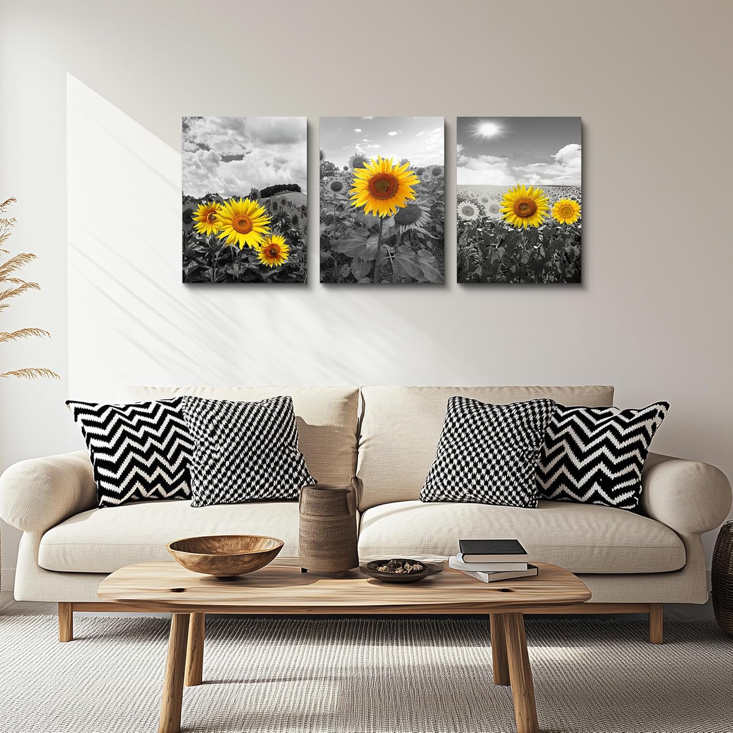 Canvas Wall Art - Family Wall Decor, Kitchen & Bedroom - Black & White Pastoral Scenery - Sunflower Flowers - 16x12, 3 Piece