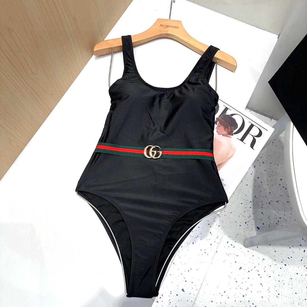 Gucci Web Stripe Gold Interlocking G Belted One-Piece Swimsuit - KAIROO