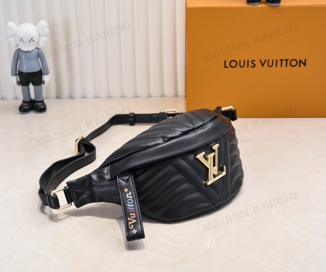 Louis Vuitton LV New Wave Black V-Stitch Quilted Smooth Leather Strap Bumbag Waist Bag - KAIROO