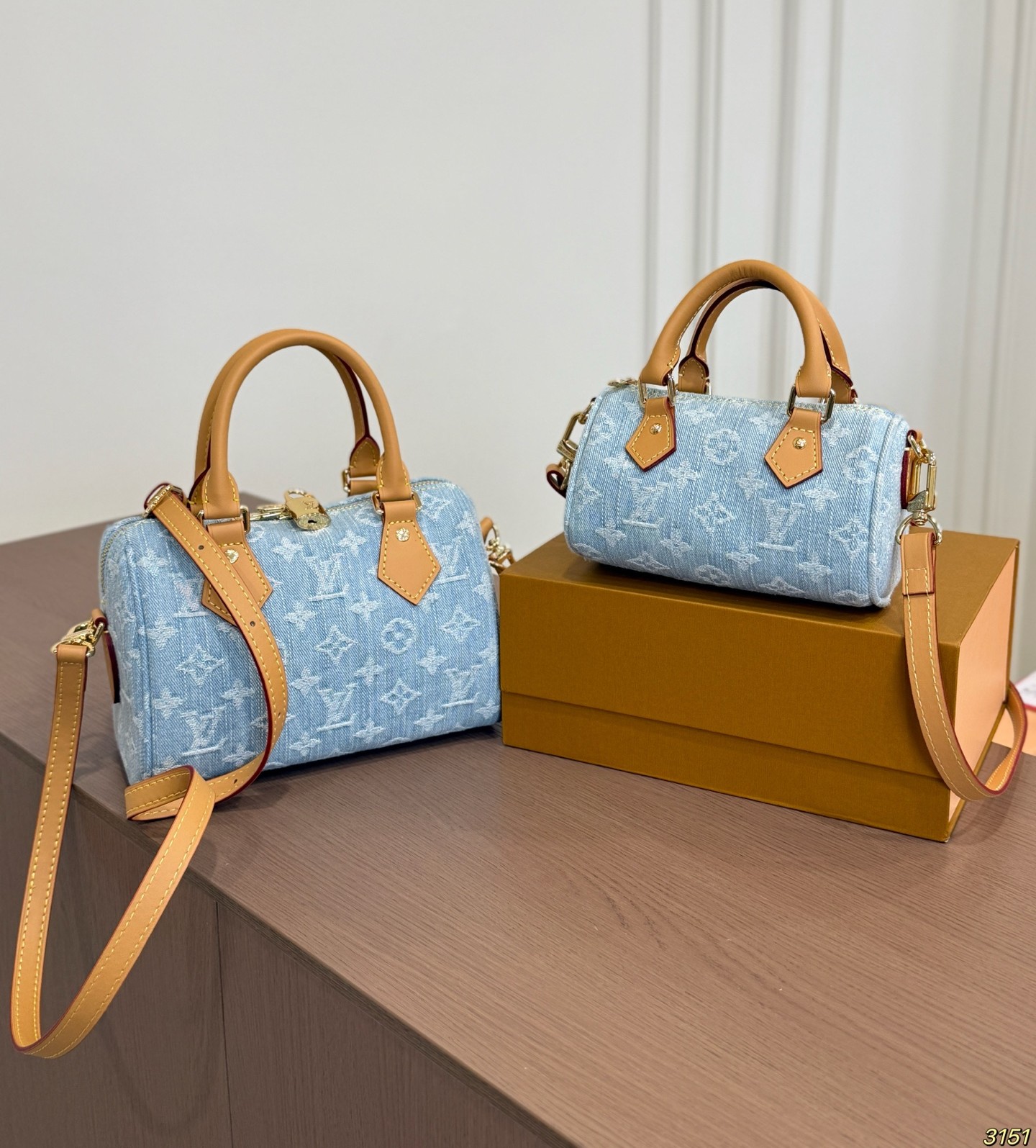 Louis Vuitton Speedy Nano 16/20 Denim Light Blue Monogram Jacquard Boston Barrel Crossbody Bag - KAIROO