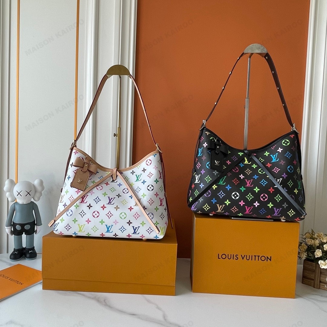 Louis Vuitton LV x TM Carryall BB&PM Monogram Multicolore Canvas Vachetta Leather Bow Hobo Tote Shoulder Bag - KAIROO