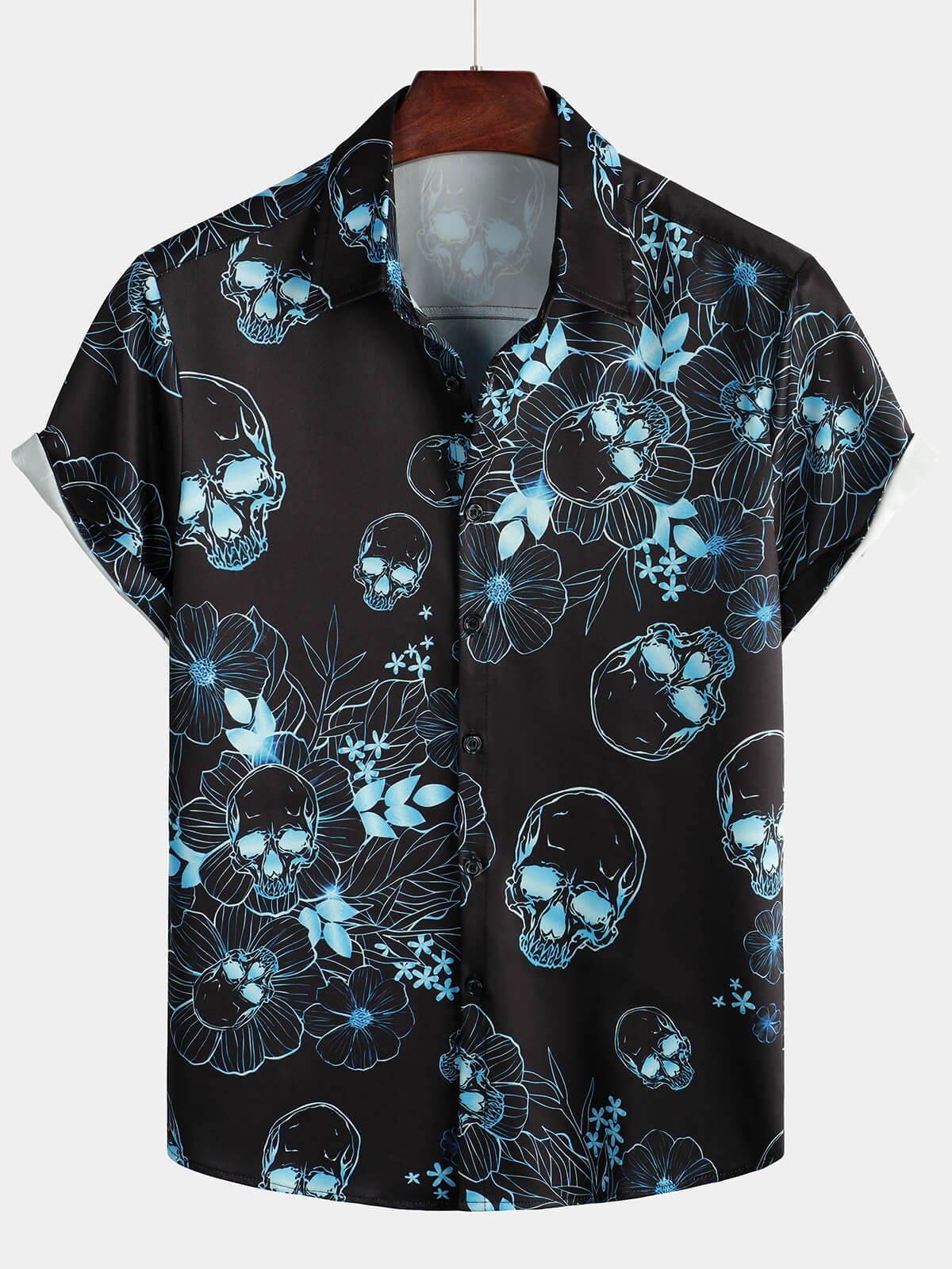 Men's Blue Floral Skull Print Casual Button-Up Short Sleeve Shirt