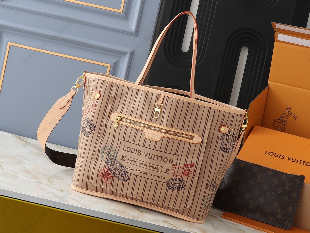 Louis Vuitton LV Neverfull Inside Out MM&GM Stamp Print Striped Canvas Strap Reversible Tote Bag With Pouch - KAIROO