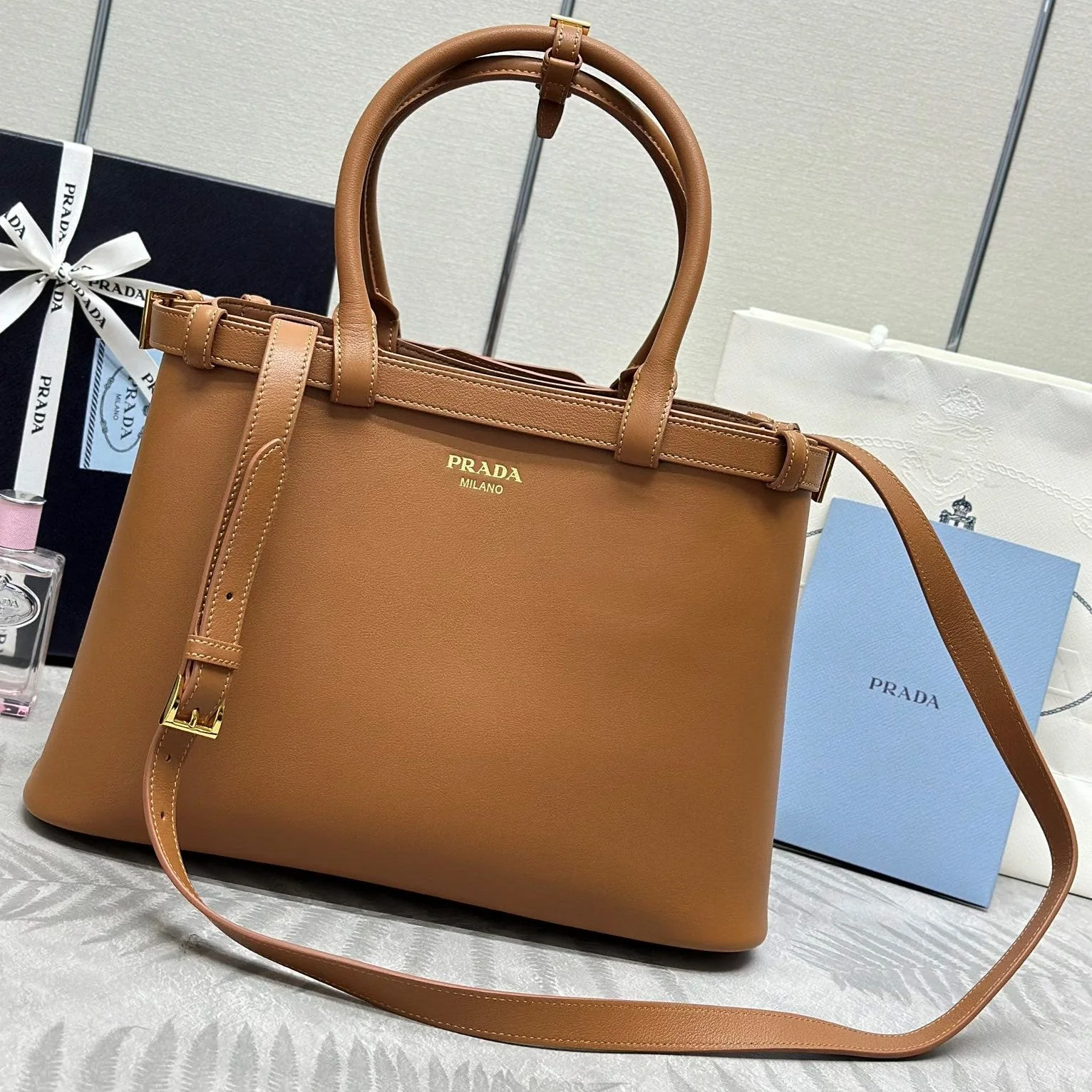 Prada Buckle Tote Bag 35cm Brown Cowhide