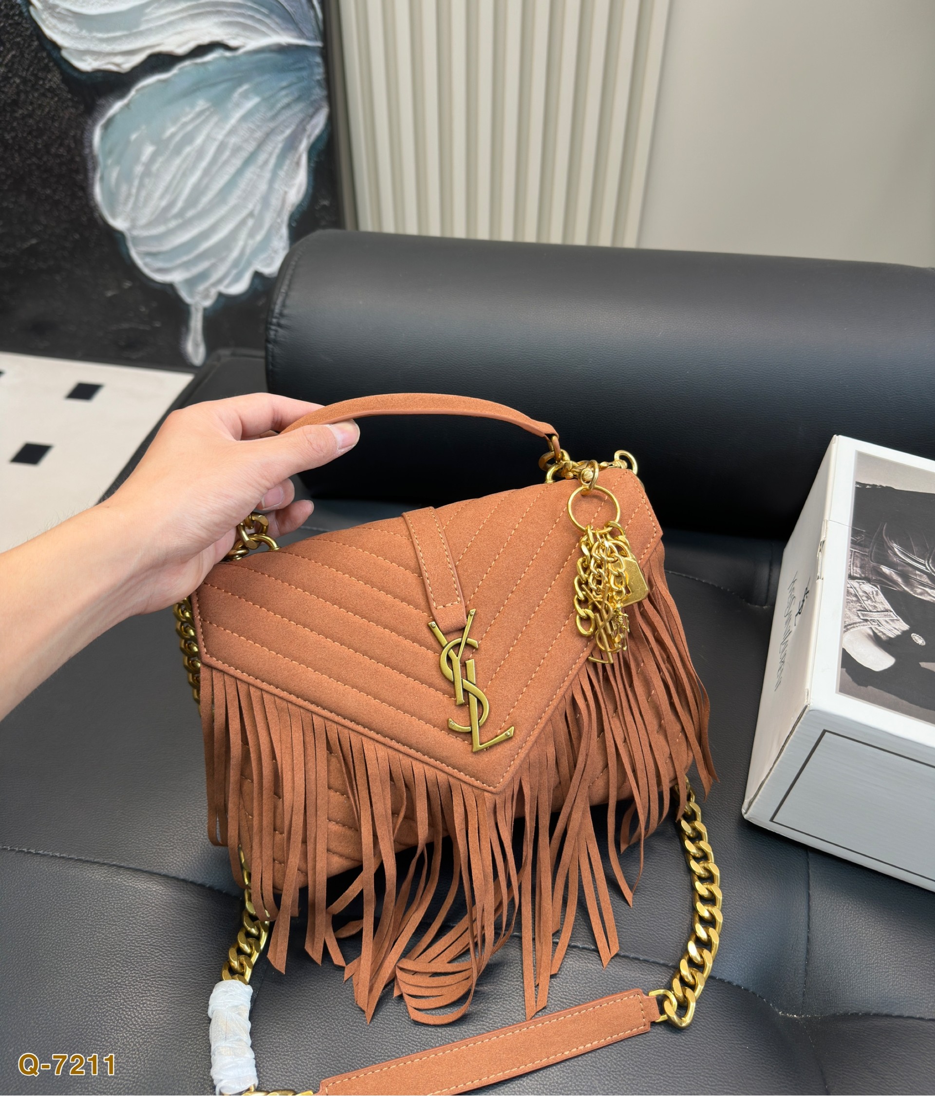 Saint Laurent Tan Fringe College Matelassé Suede Chevron Quilted YSL Logo Shoulder Top Handle Bag - KAIROO