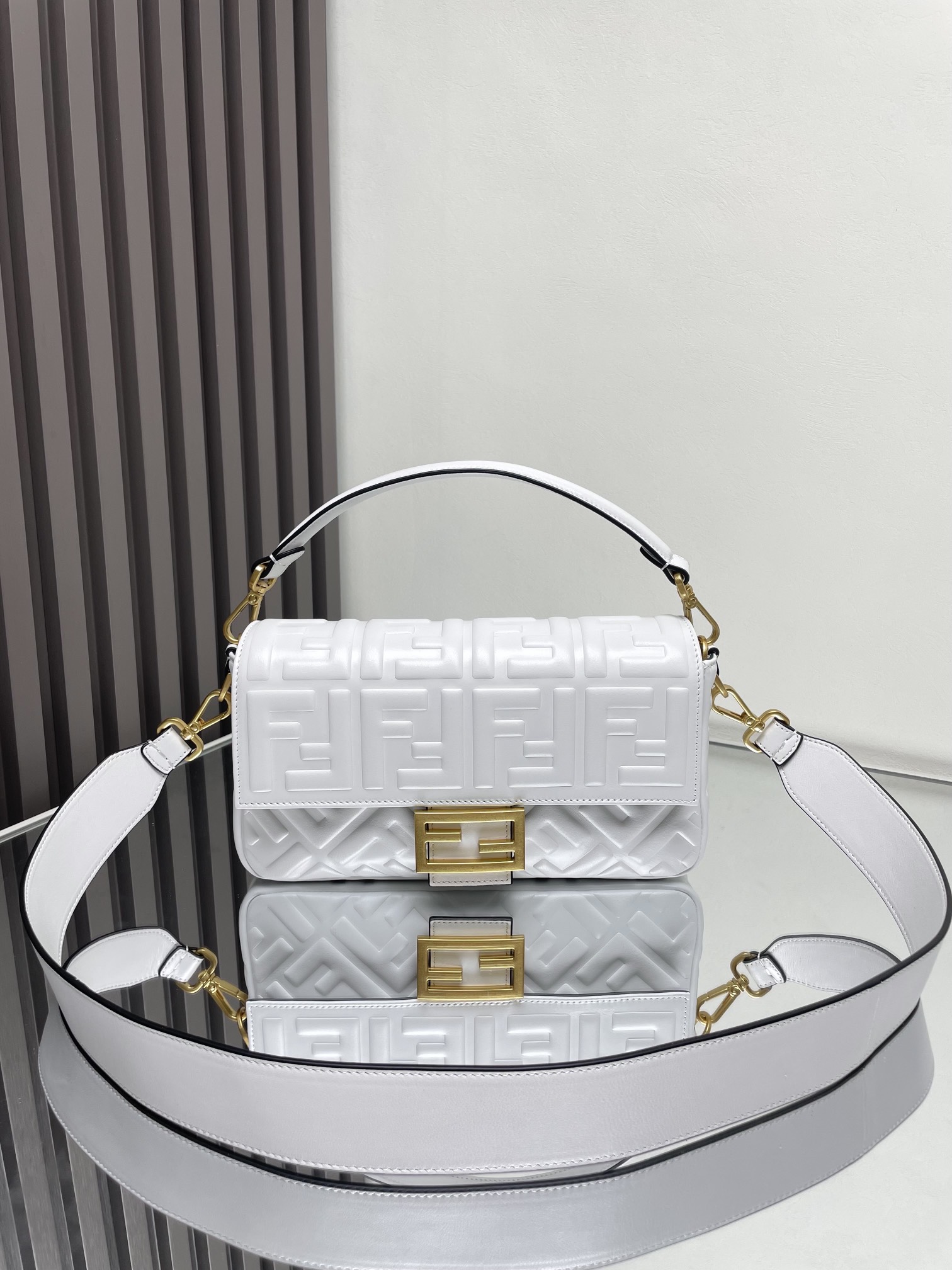 Fendi Medium Baguette FF Embossed Leather Bag-White