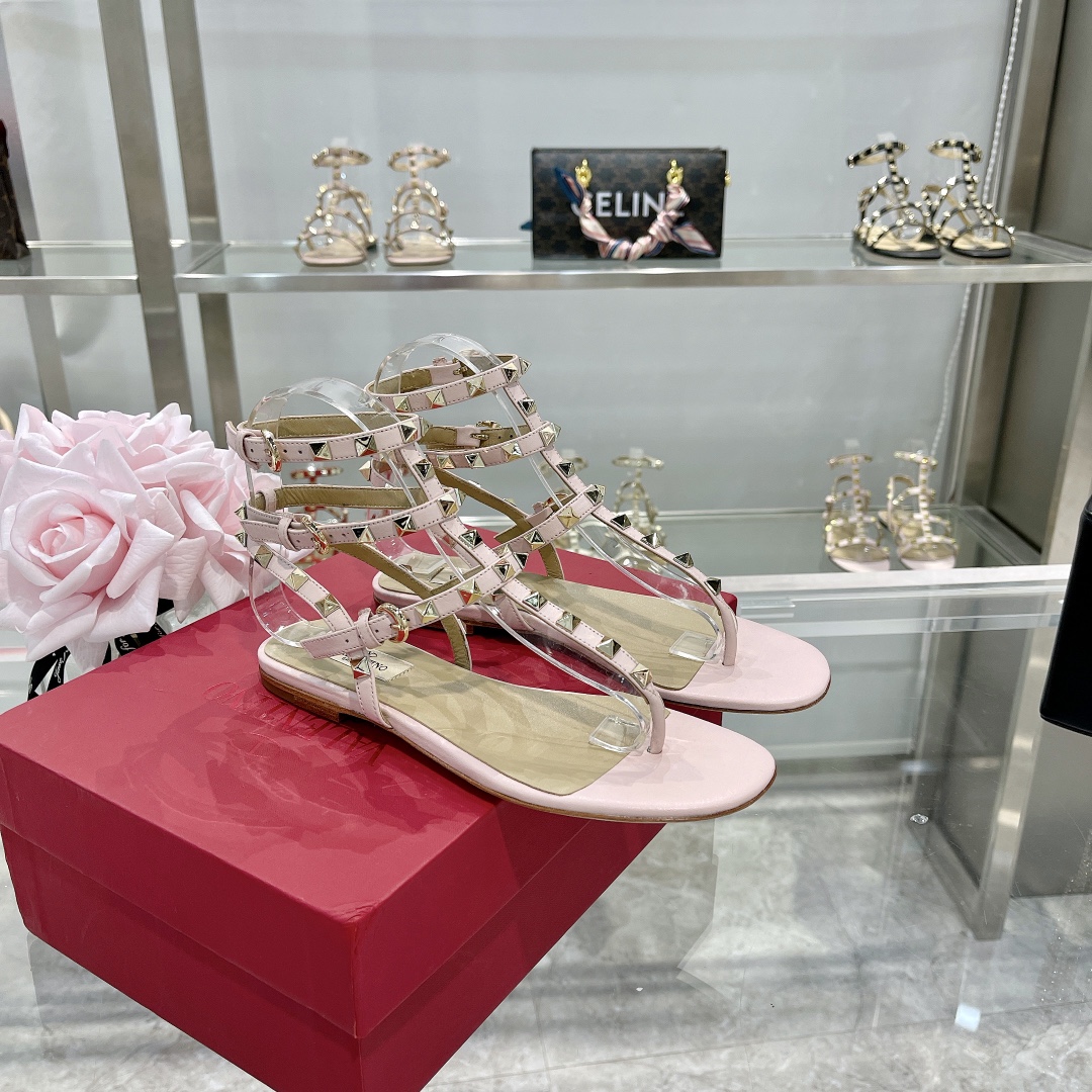 Valentino Rockstud Pink Leather Cage Triple Buckle Multi-Strap Studded Flat Sandals - KAIROO