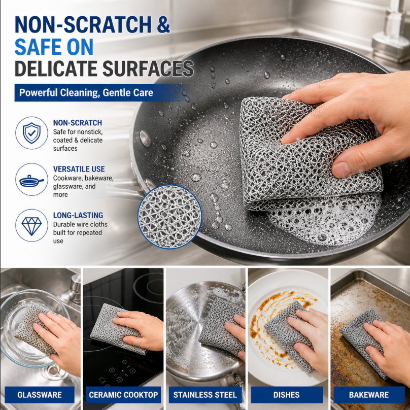 10-Pack Multipurpose Wire Dishwashing Cloths - Non-Scratch Metallic Fiber Scrubber for Summer BBQ Grills, Teflon Pans & Sinks