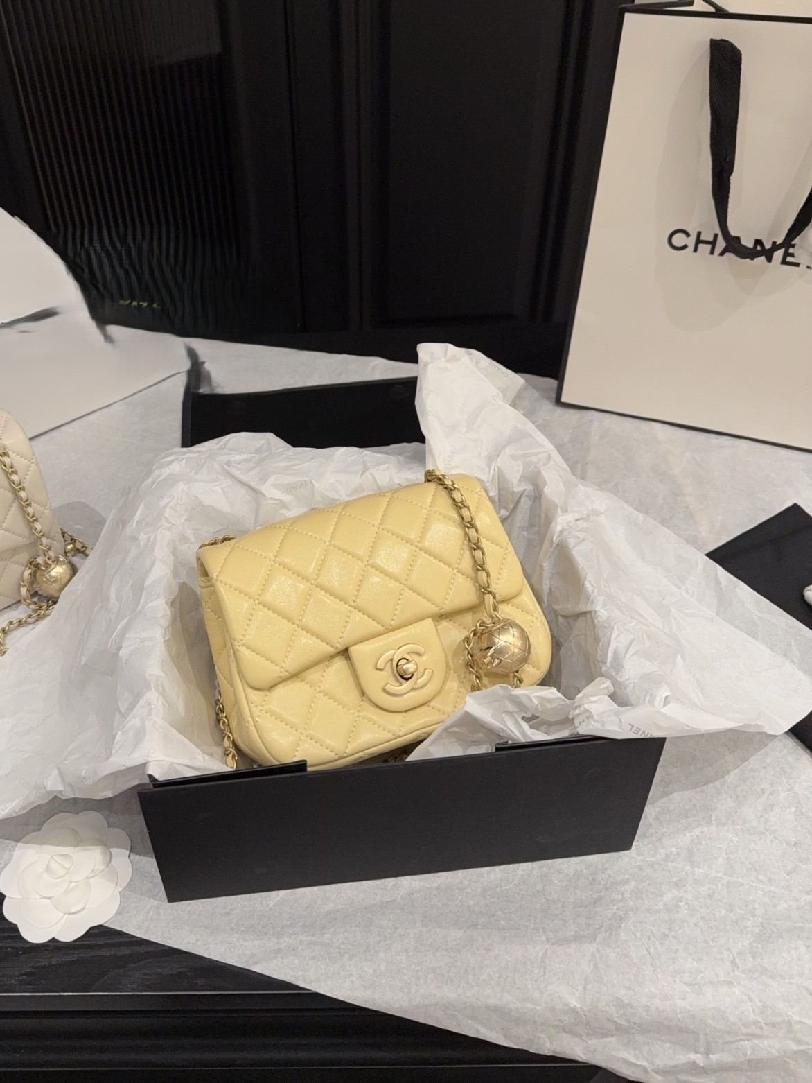 Chanel Mini Square CF 17CM Gold Ball Pearl Crush Quilted Leather Flap Chain Shoulder Bag - KAIROO