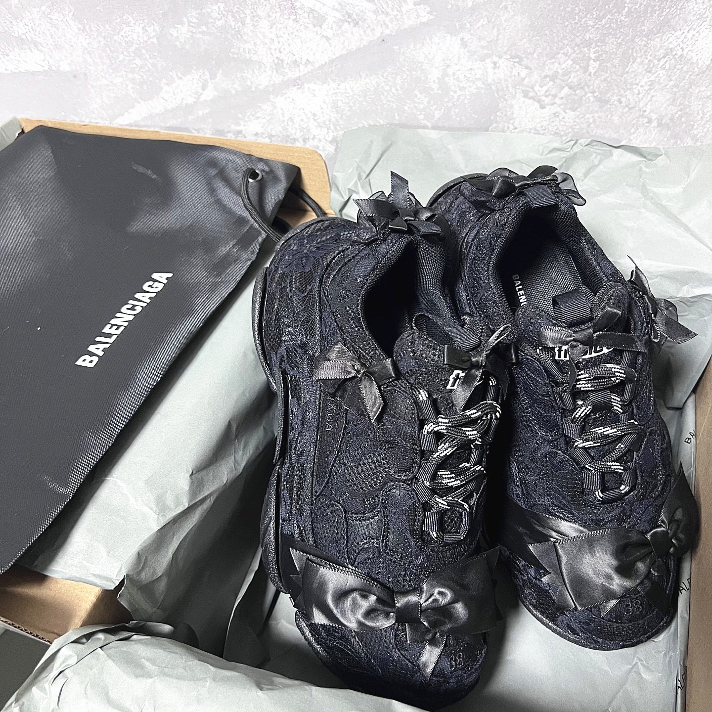 Balenciaga Triple S Black Lace Mesh Fabric Ribbon Satin Bow Lace Up Chunky Sneakers - KAIROO