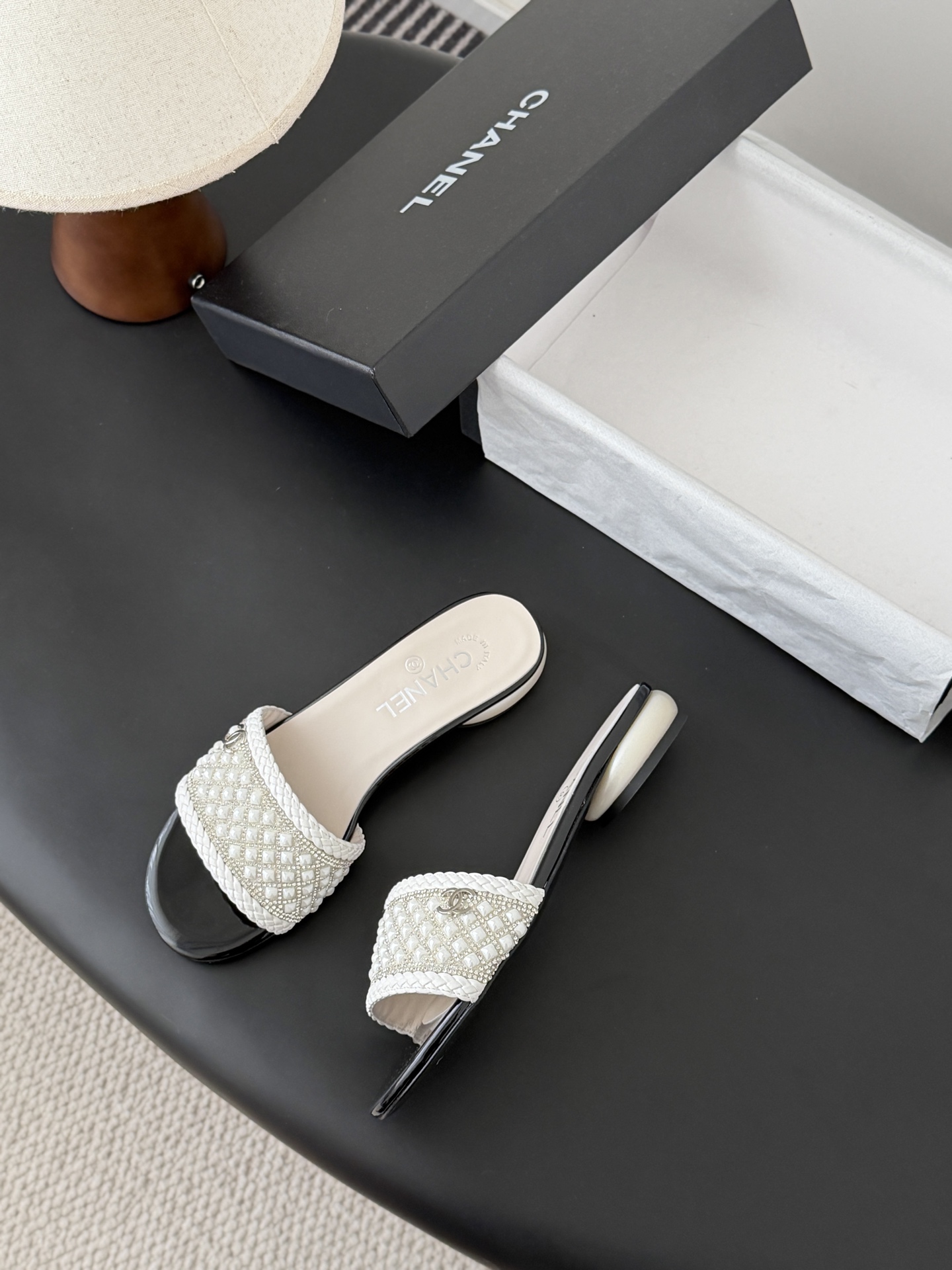 Chanel Pearl Embellished Pearl Flat / Heel Slide Sandals - KAIROO