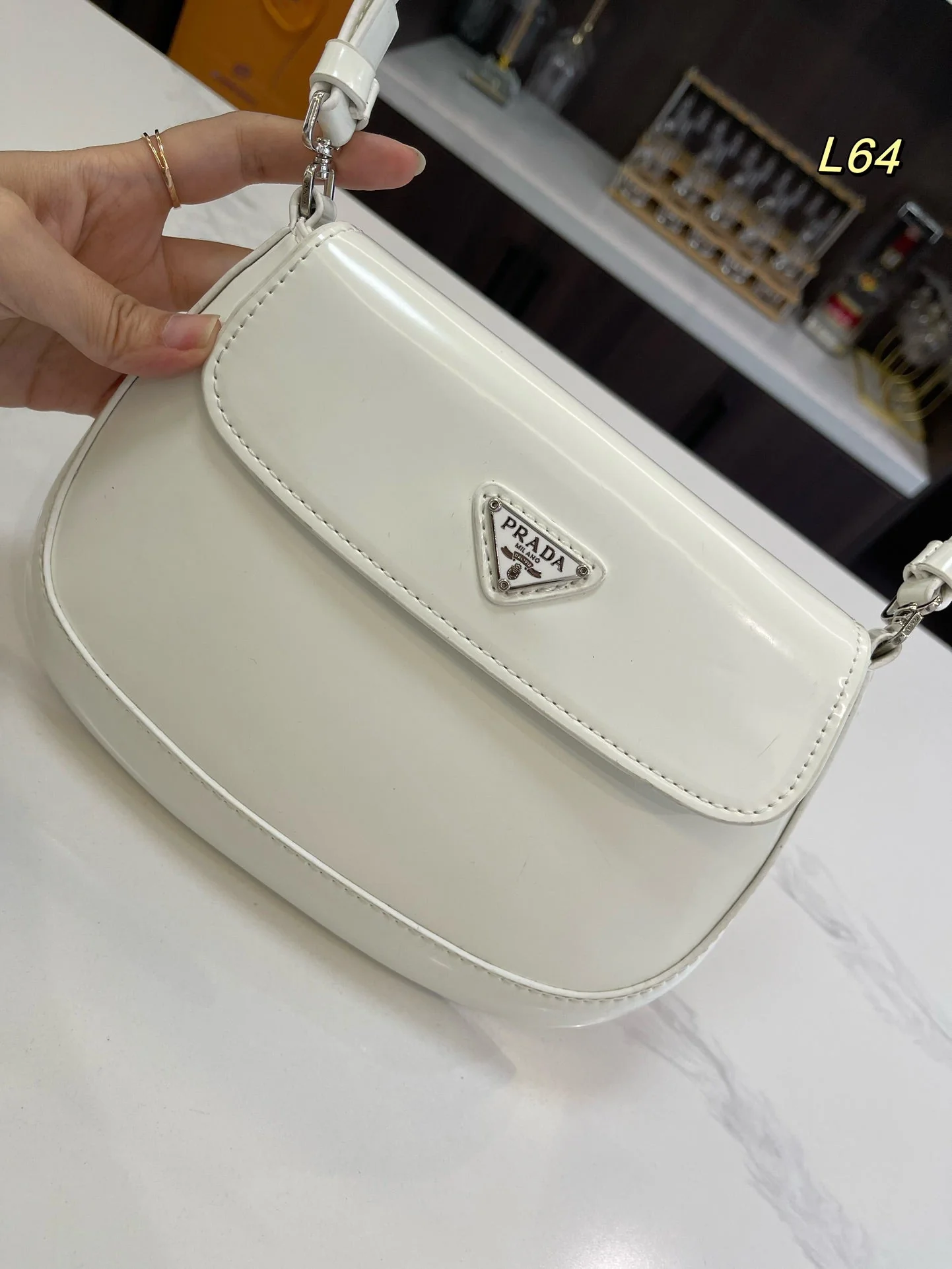 Prada 25 CLEO FLAP SHOULDER BAG IN WHITE BRUSHED LEATHER