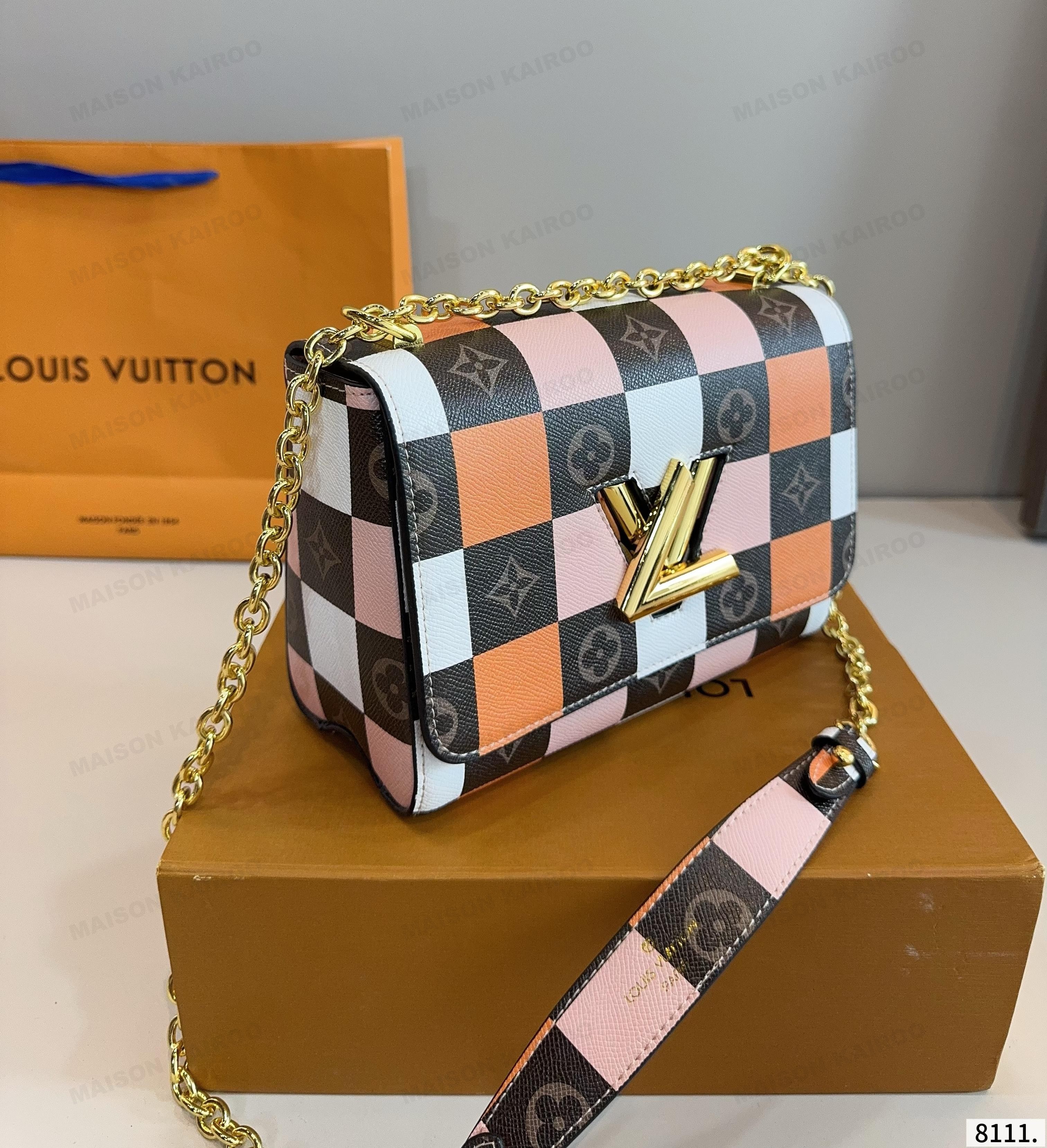 Louis Vuitton LV Twist Lock MM Damier Orange Pink White Checkerboard Canvas Shoulder Bag - KAIROO