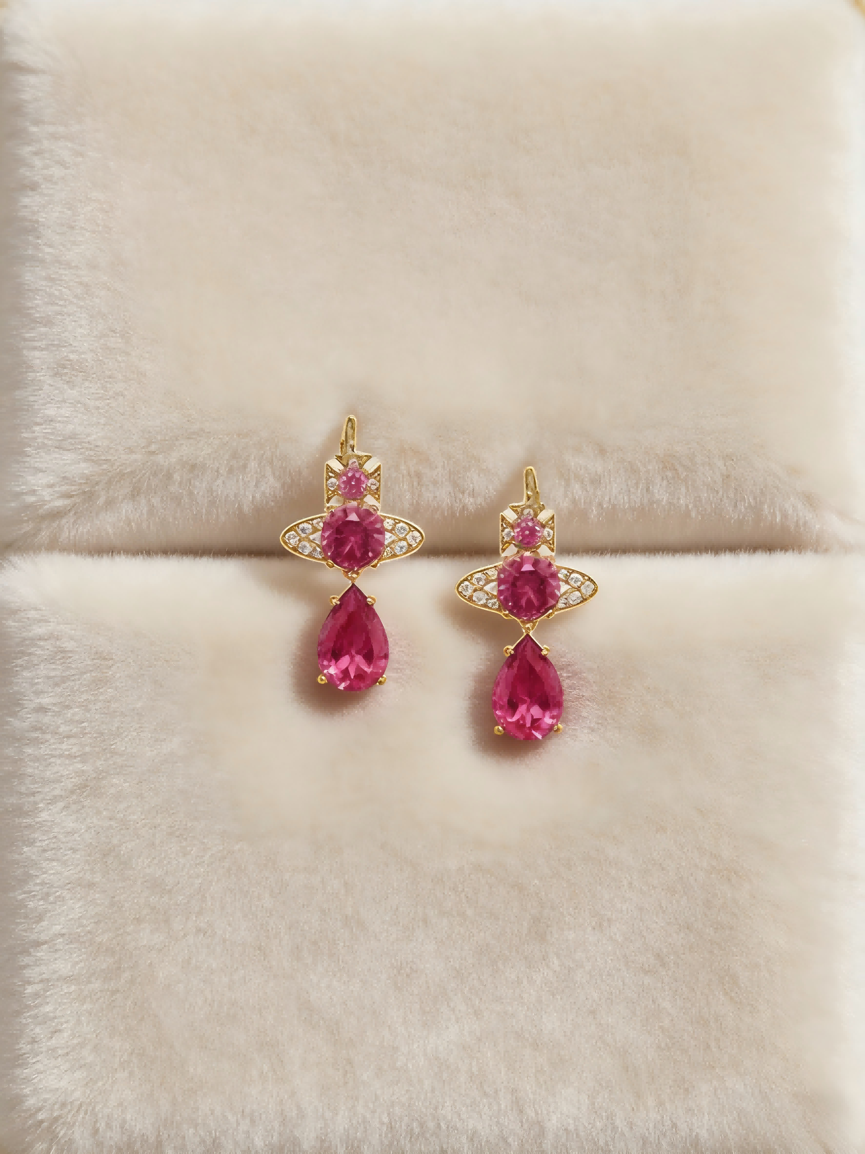 2026 New Gold-Tone Fuchsia Drop Earrings, Paved Crystal Planet Charm, Glam Statement Jewelry for Party & Evening Wear