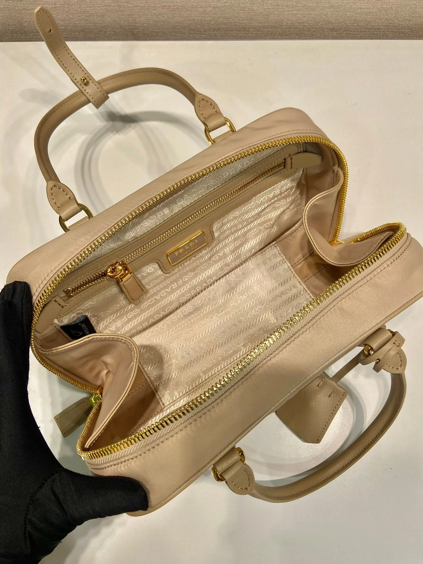 Prada SMALL TOP HANDLE BAG 25 IN DRIED MOSS NYLON AND CALFSKIN TRIM